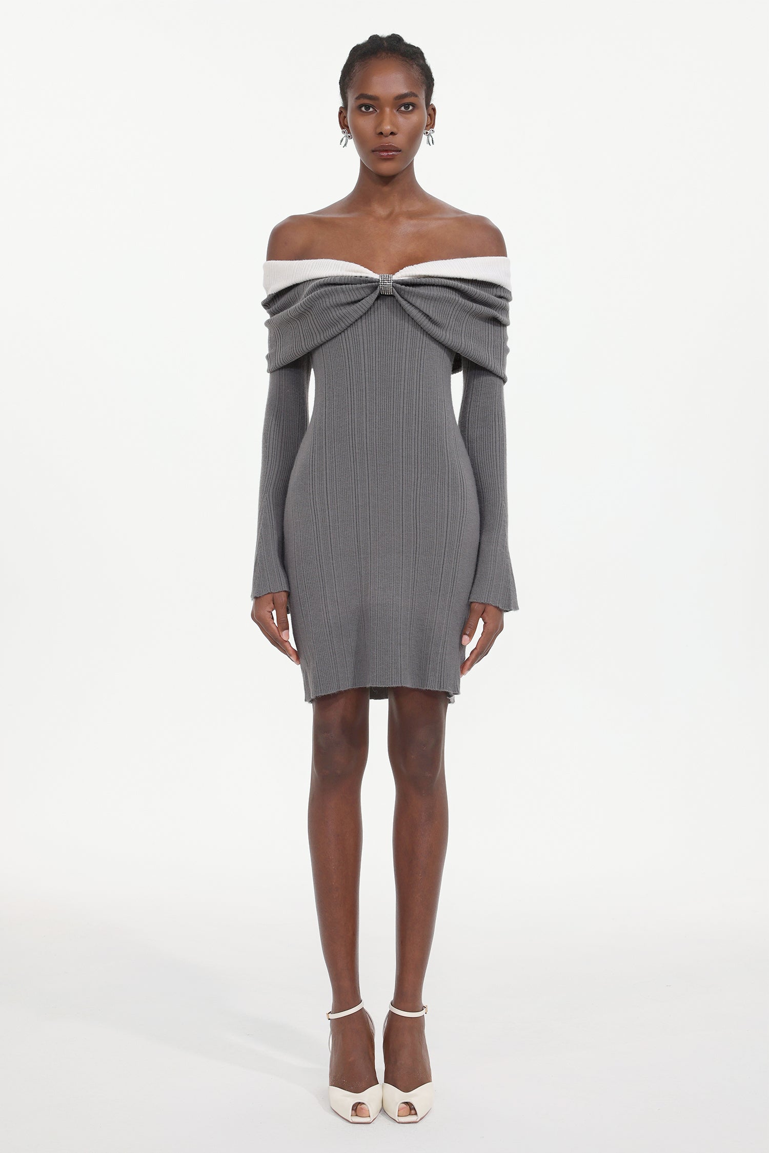 Kila Chic Embellished Off Shoulder Long Sleeve Rhinestone Knit Mini Dress