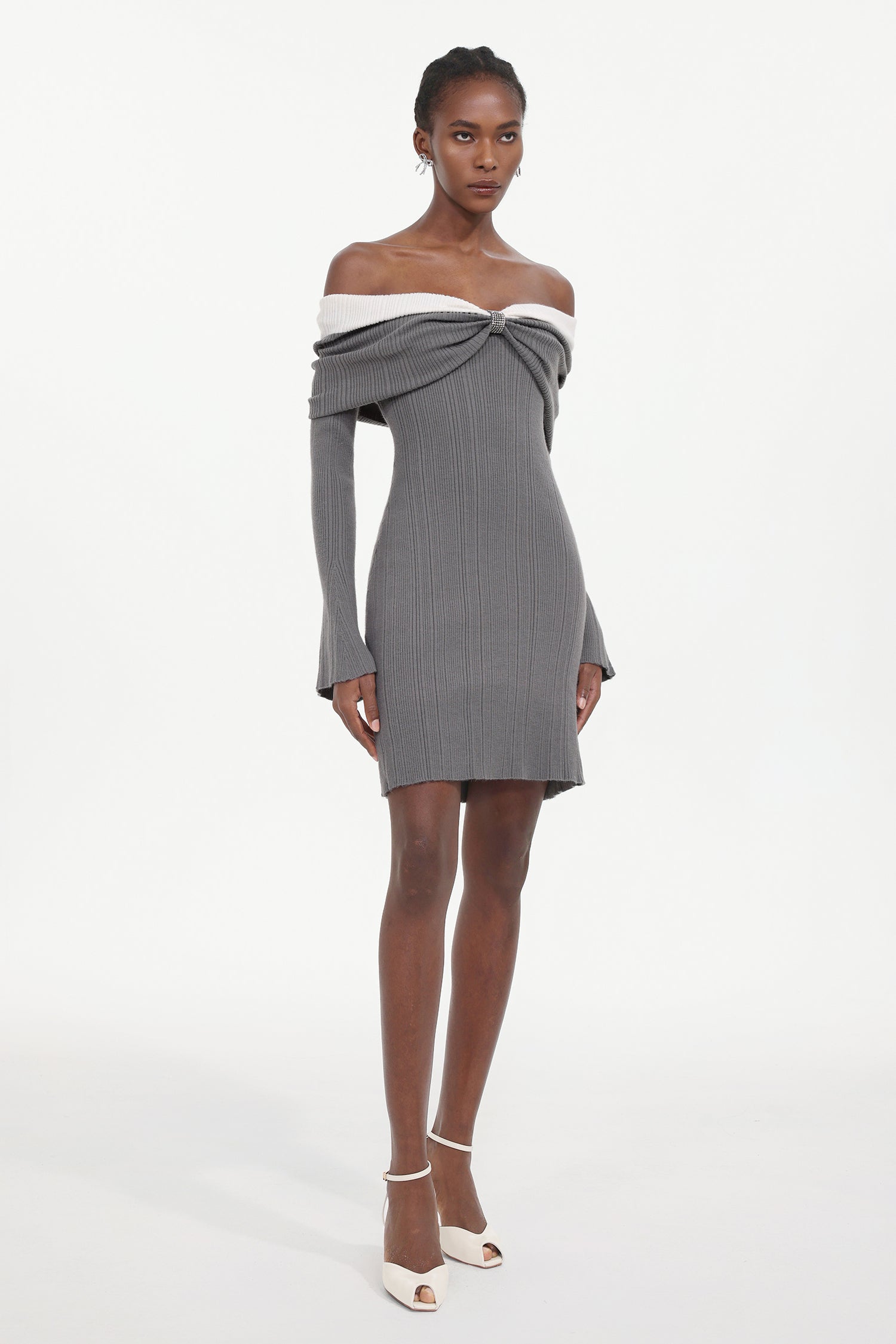 Kila Chic Embellished Off Shoulder Long Sleeve Rhinestone Knit Mini Dress