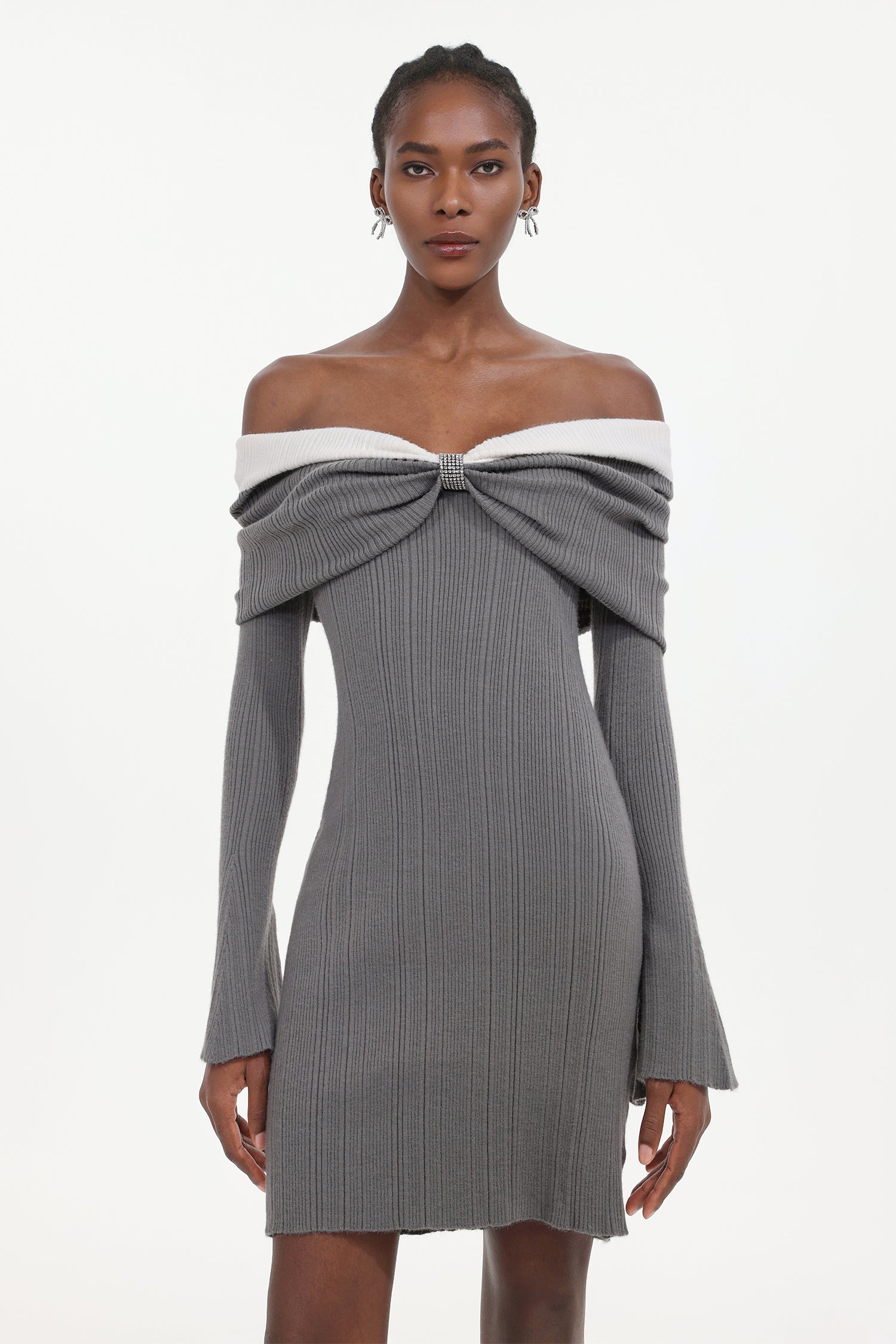 Kila Chic Embellished Off Shoulder Long Sleeve Rhinestone Knit Mini Dress