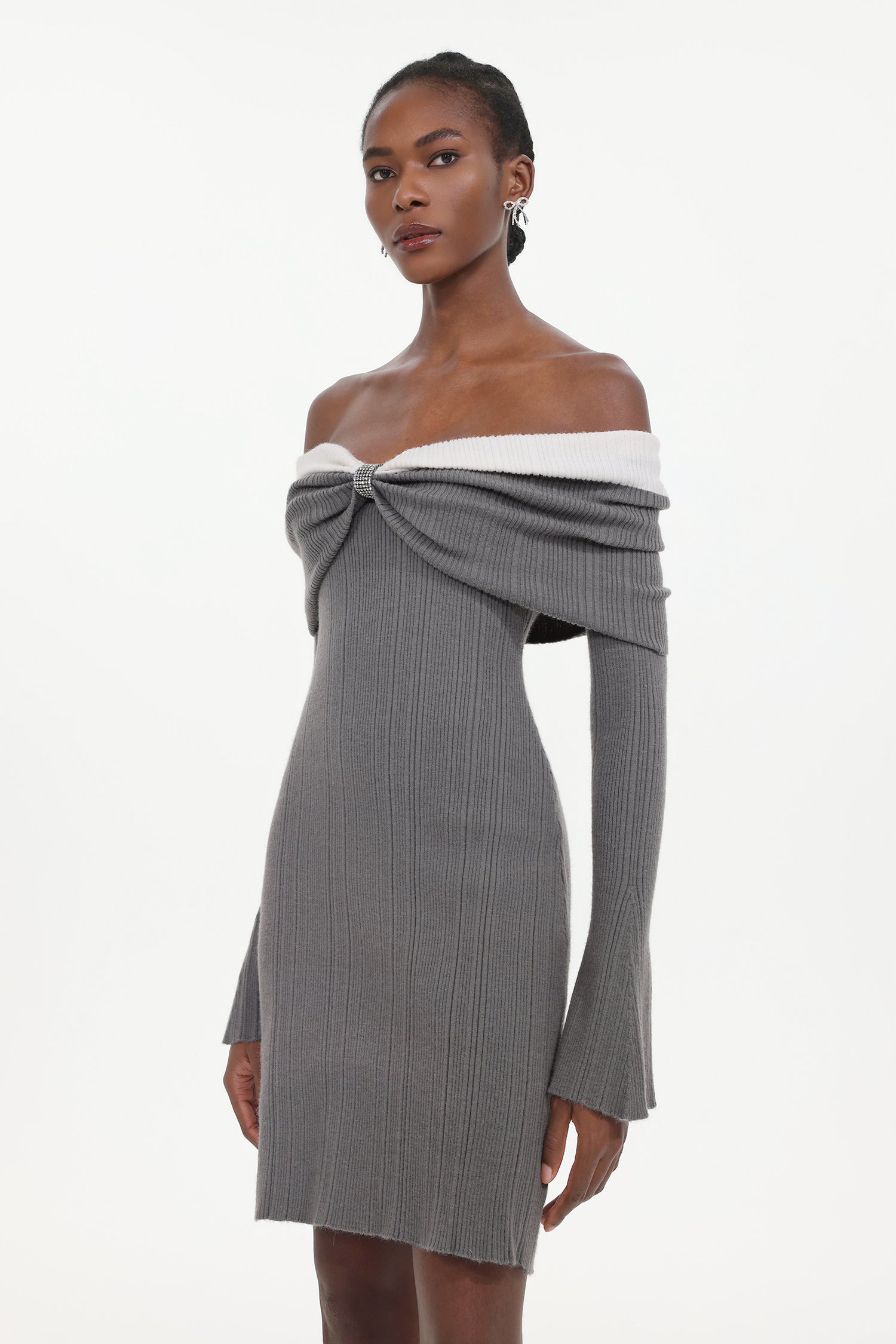 Kila Chic Embellished Off Shoulder Long Sleeve Rhinestone Knit Mini Dress