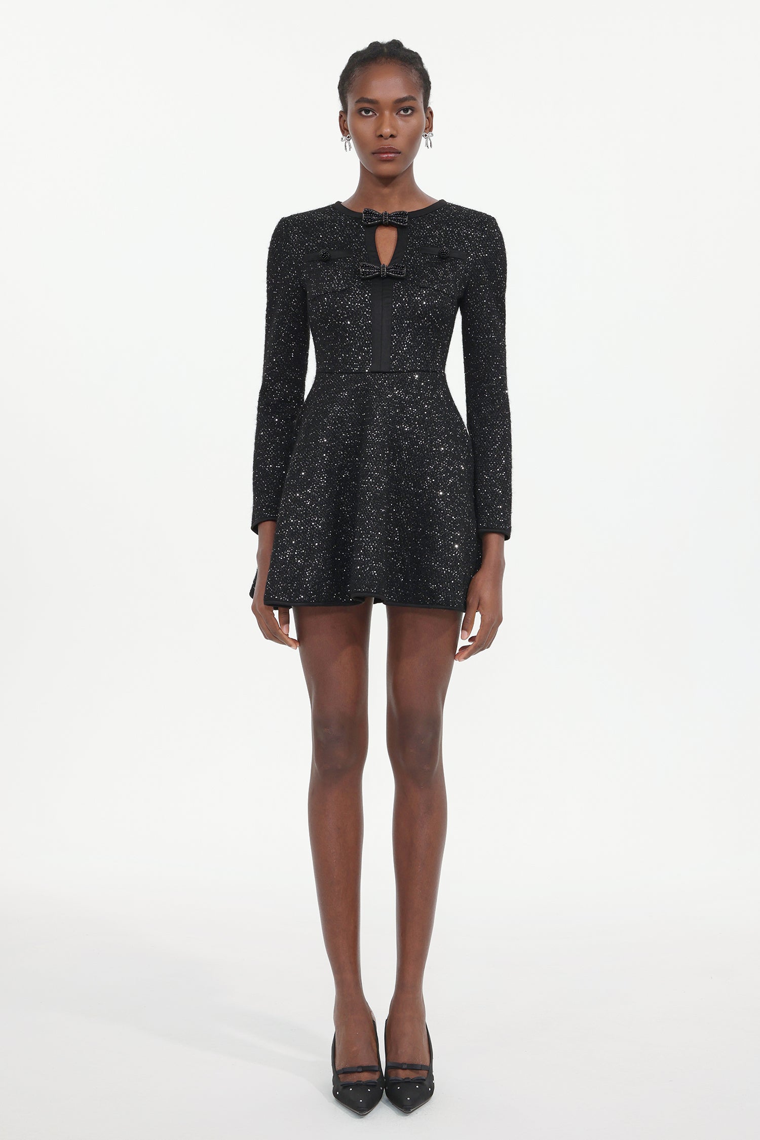 Resber Elegant Tailored Round Neck Long Sleeve Bow Sequin Knit Mini Dress