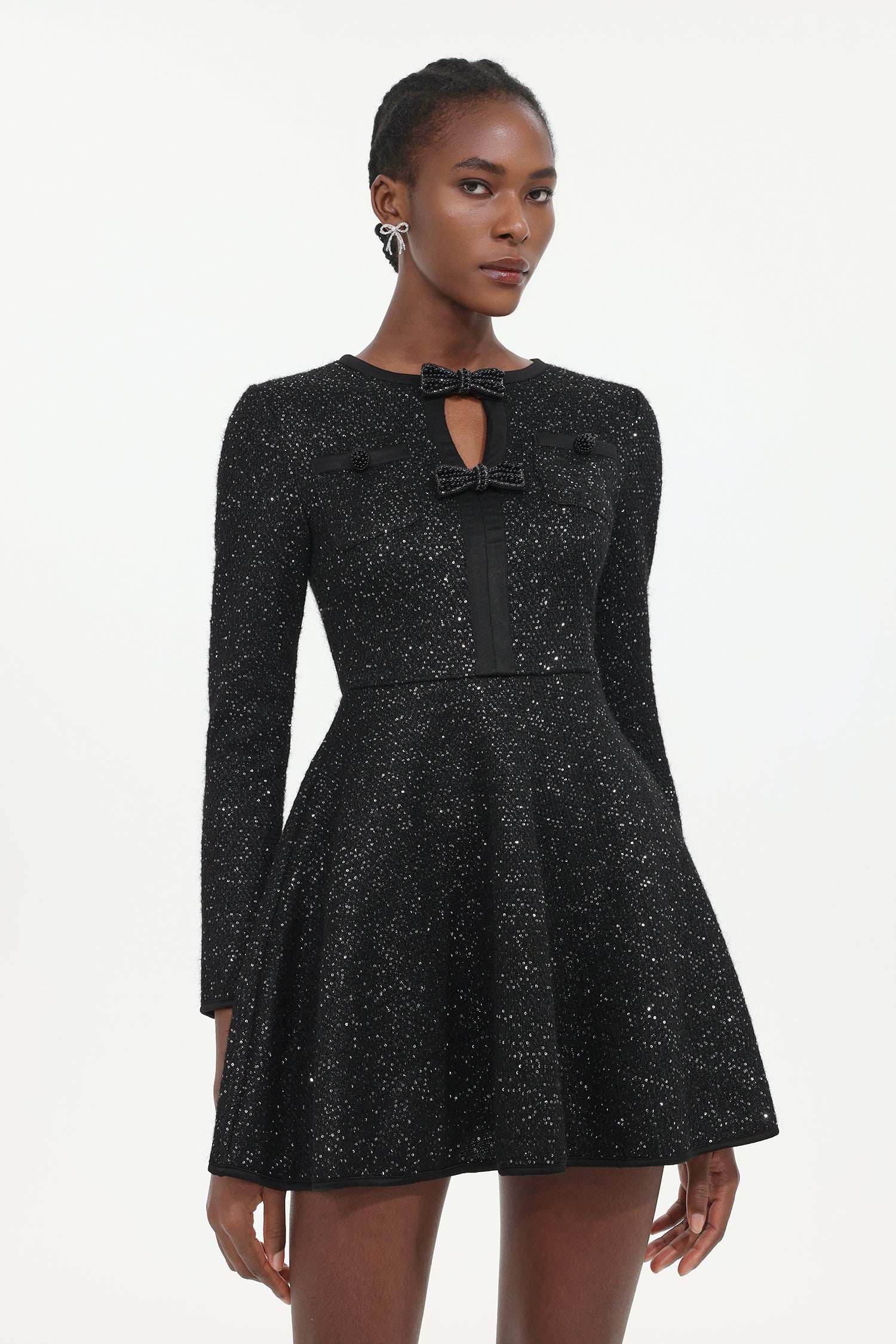 Resber Elegant Tailored Round Neck Long Sleeve Bow Sequin Knit Mini Dress