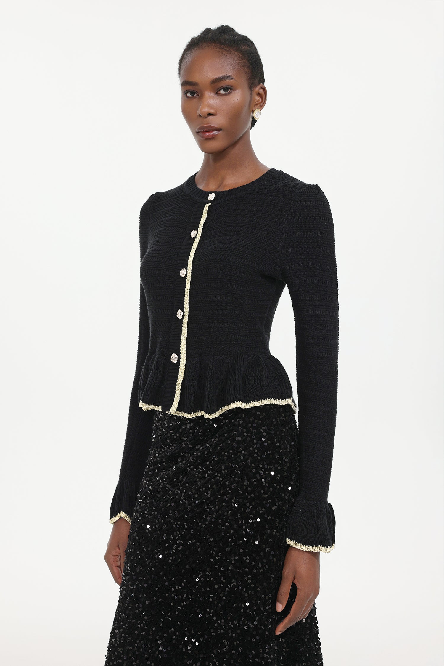 Zalma Elegant Contour Round Neck Long Sleeve Ruffle Knit Top