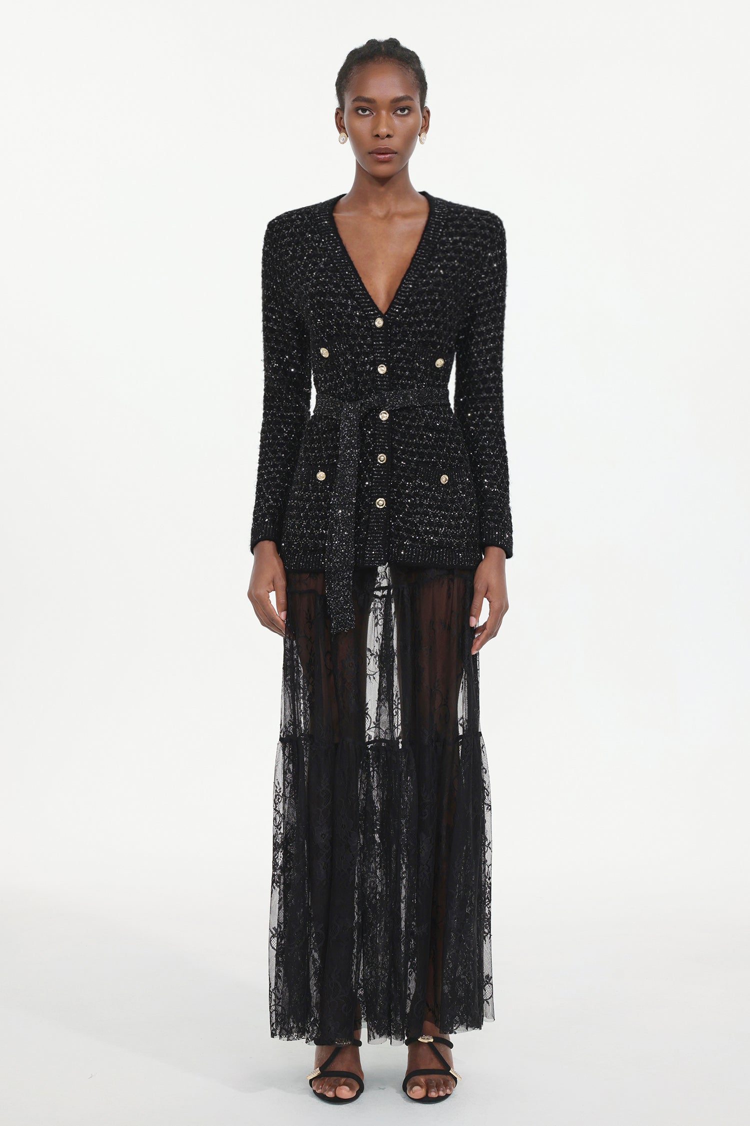 Yara Elegant Embellished Long Sleeve Sequin Knit Cardigan