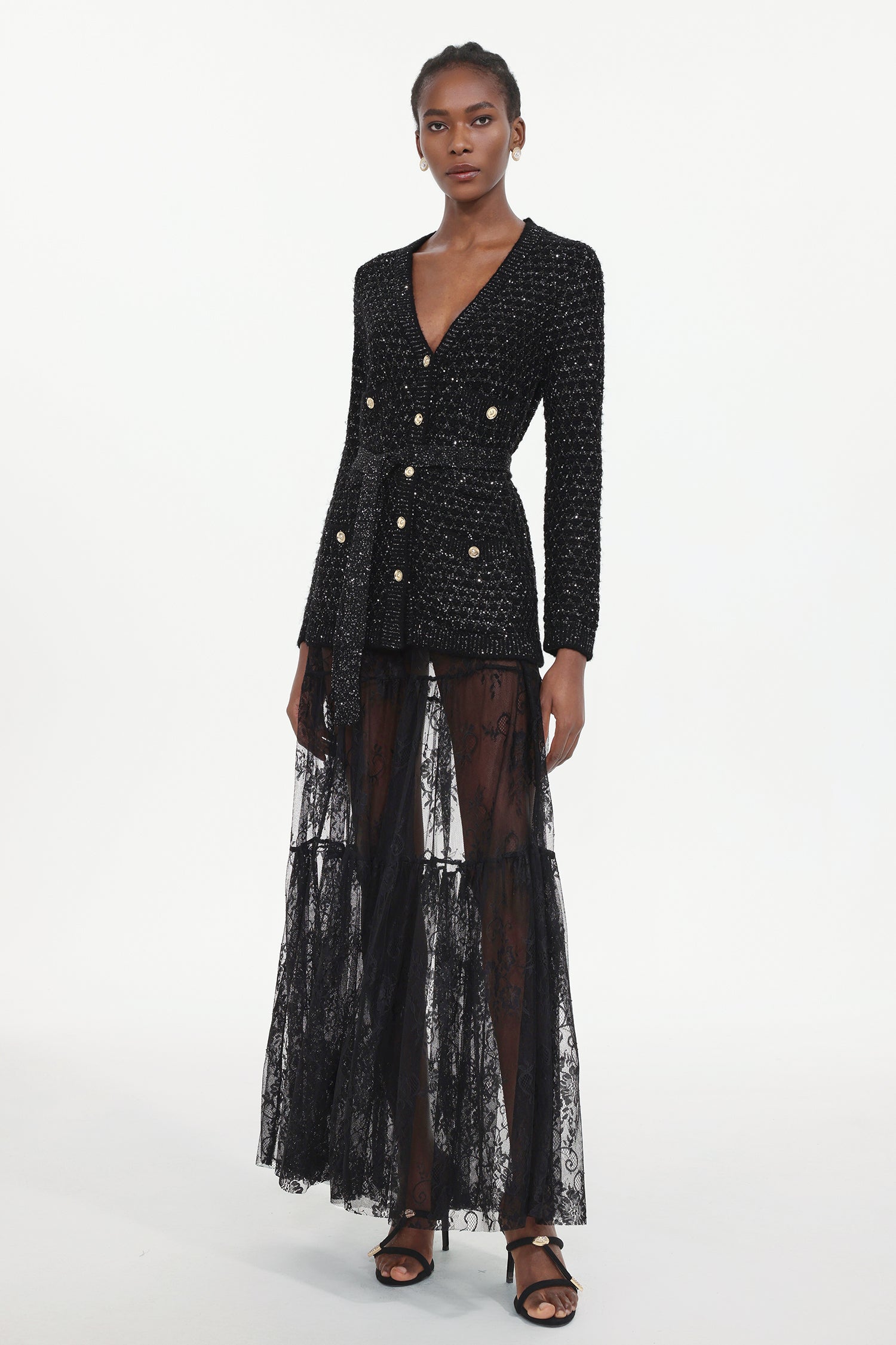 Yara Elegant Embellished Long Sleeve Sequin Knit Cardigan