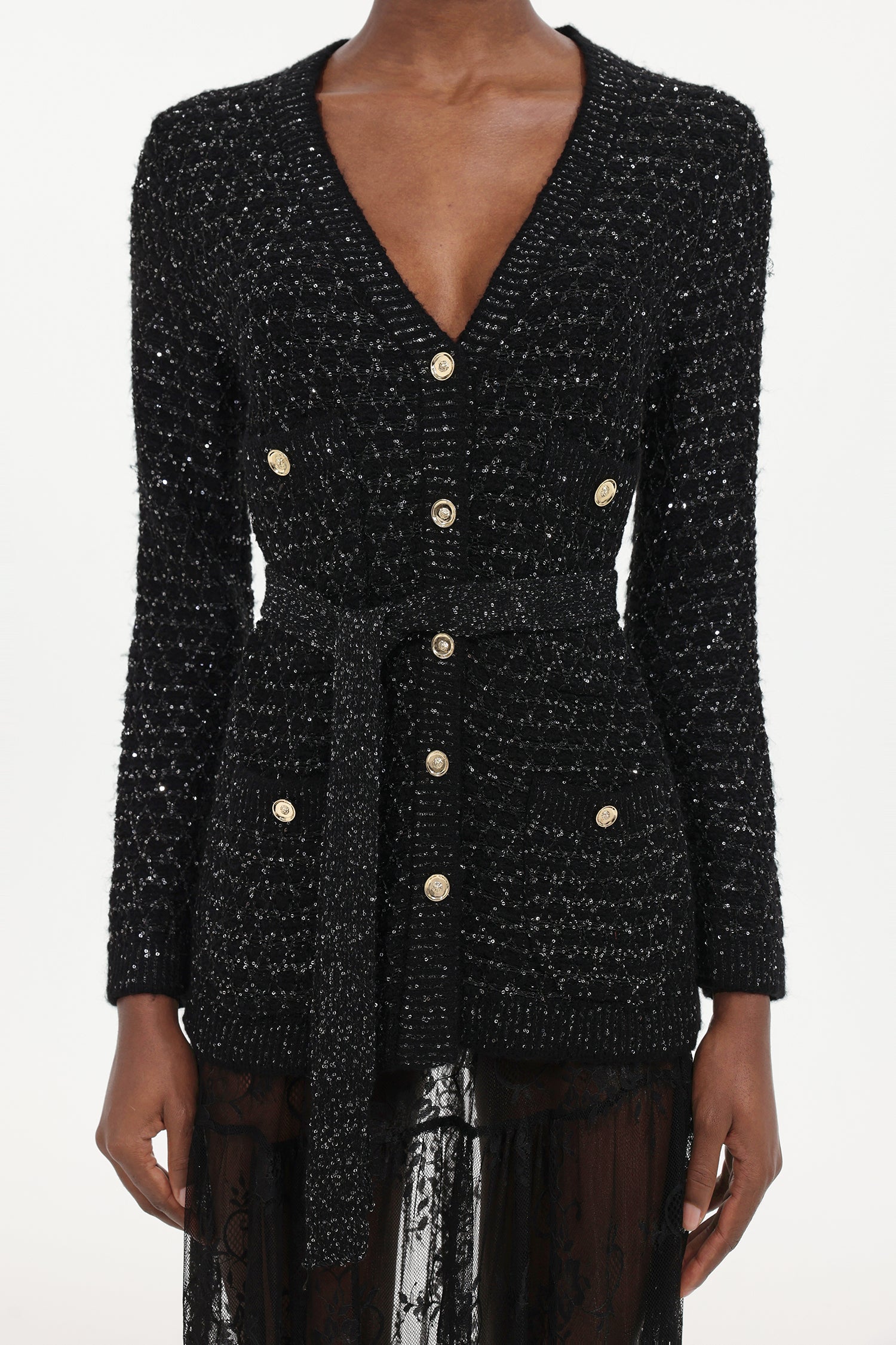 Yara Elegant Embellished Long Sleeve Sequin Knit Cardigan