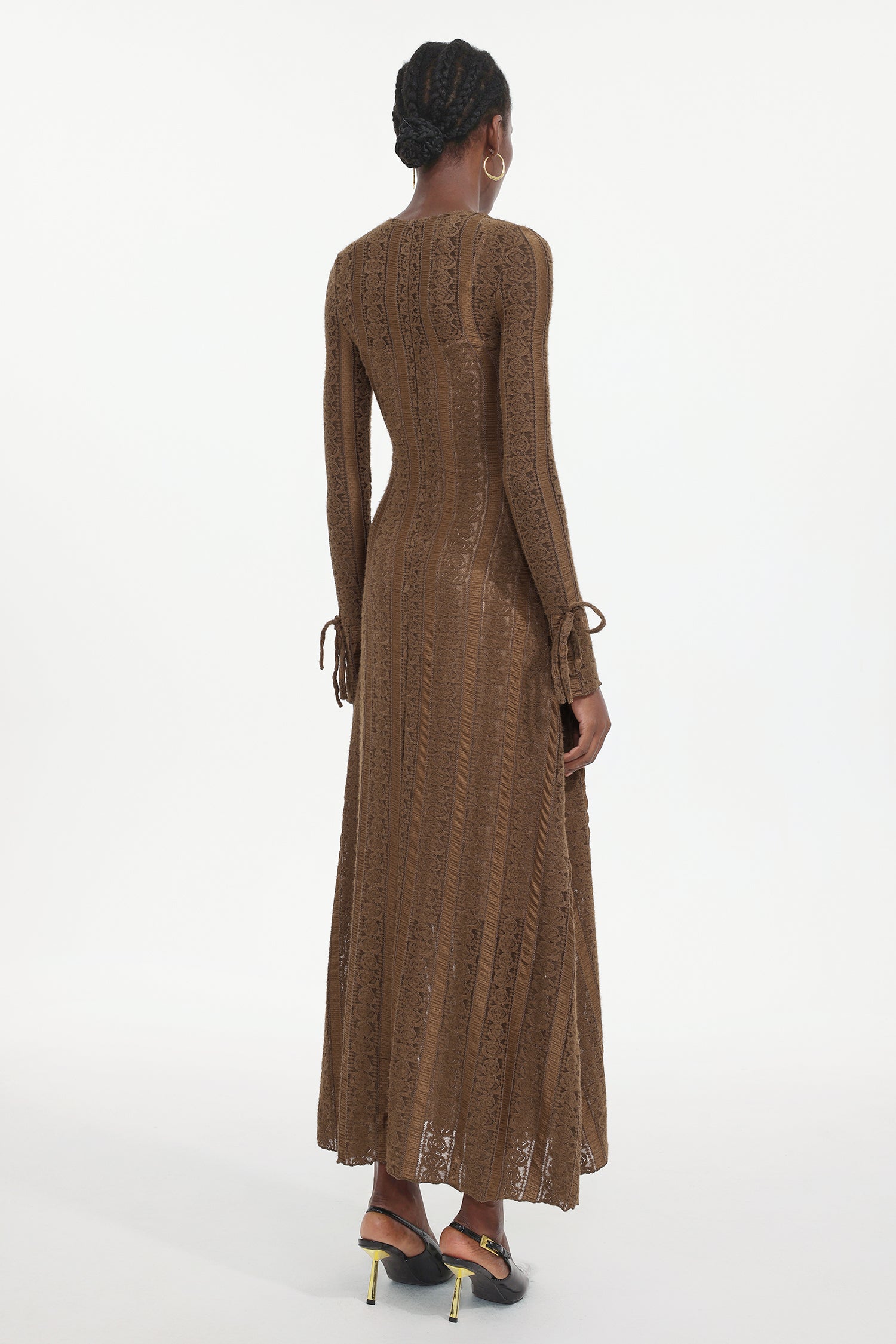 Katya Romantic Contour Long Sleeve Bow Lace Brown Maxi Dress