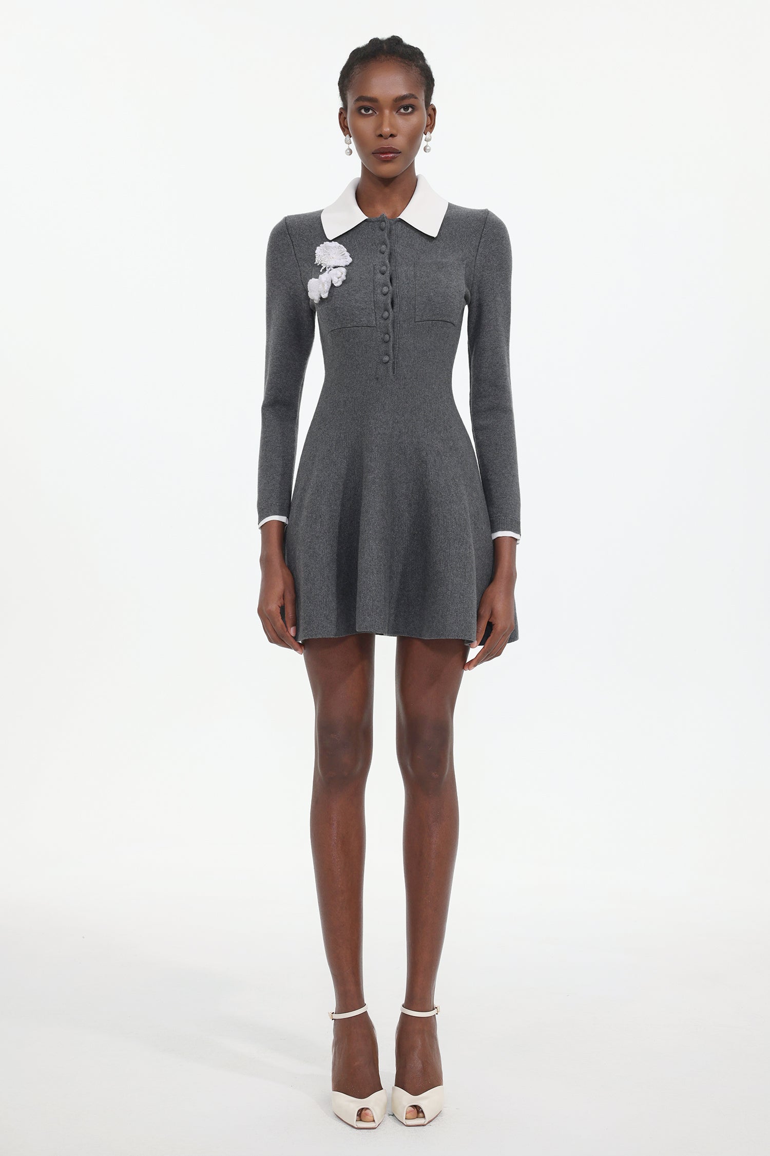 Sarah Elegant Contour Long Sleeve Floral Knit Mini Dress