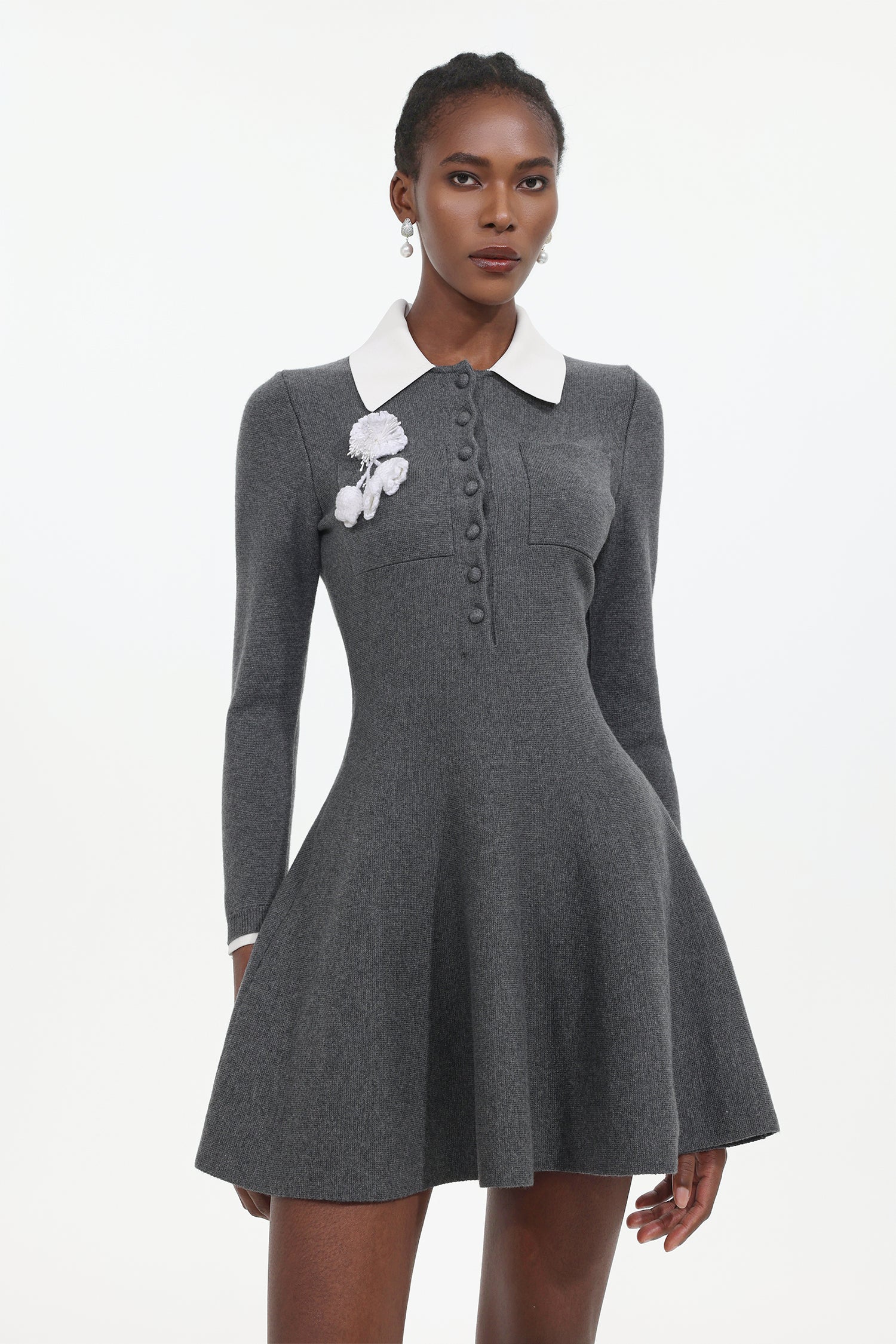 Sarah Elegant Contour Long Sleeve Floral Knit Mini Dress