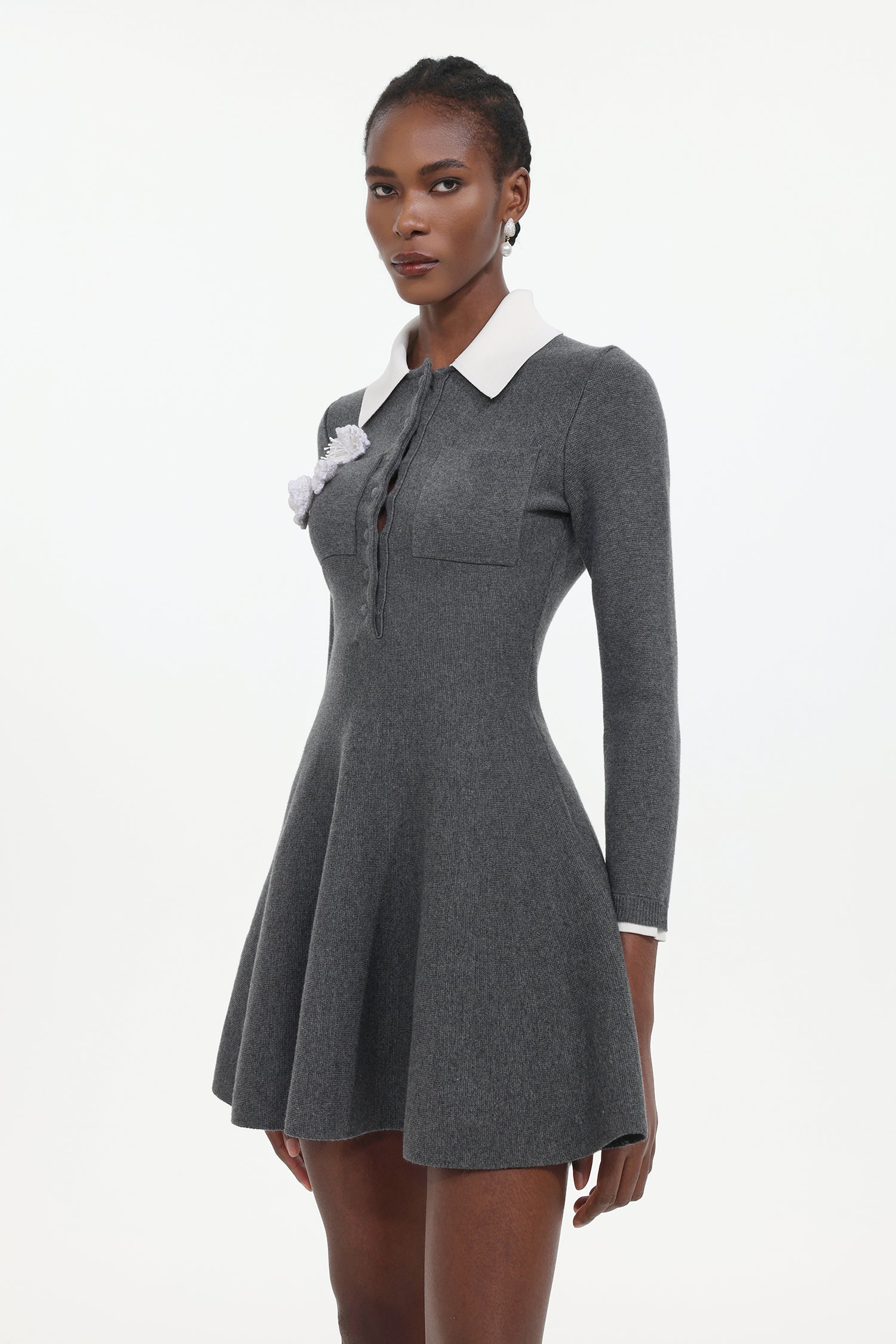 Sarah Elegant Contour Long Sleeve Floral Knit Mini Dress