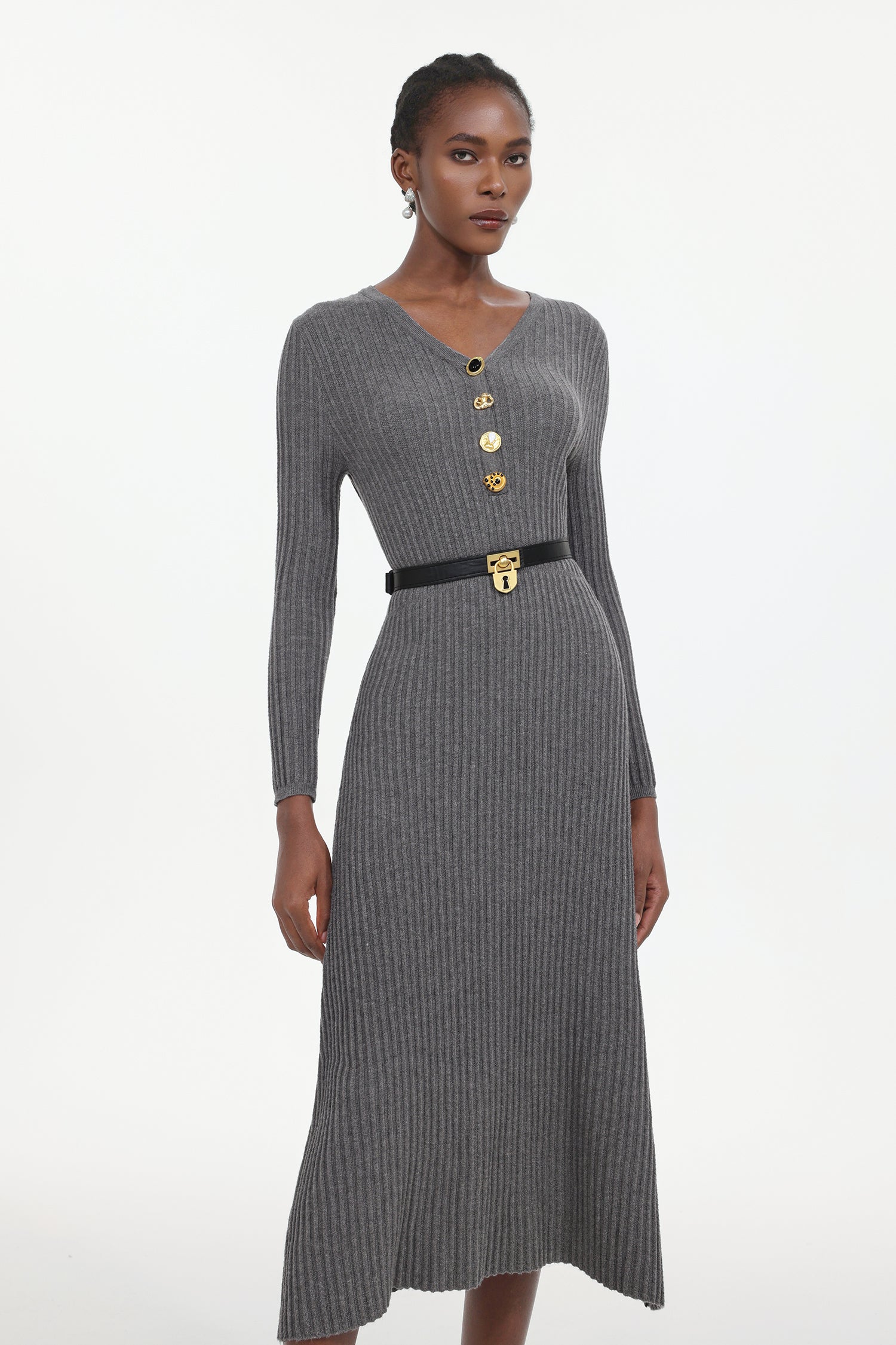 Edie Elegant Contour Long Sleeve Knit Maxi Dress