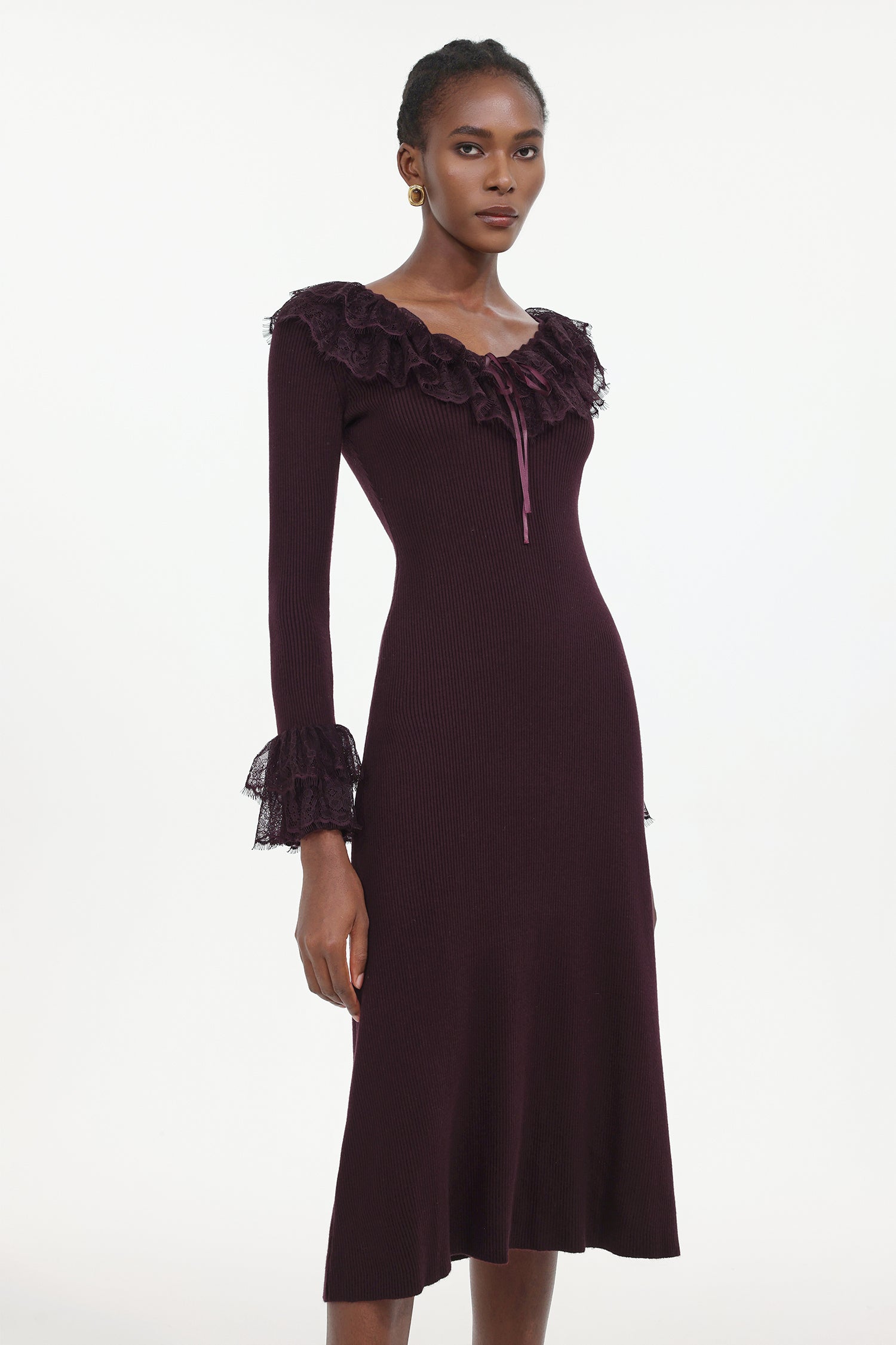 Darja Romantic Flowy Long Sleeve Lace Knit Midi Dress