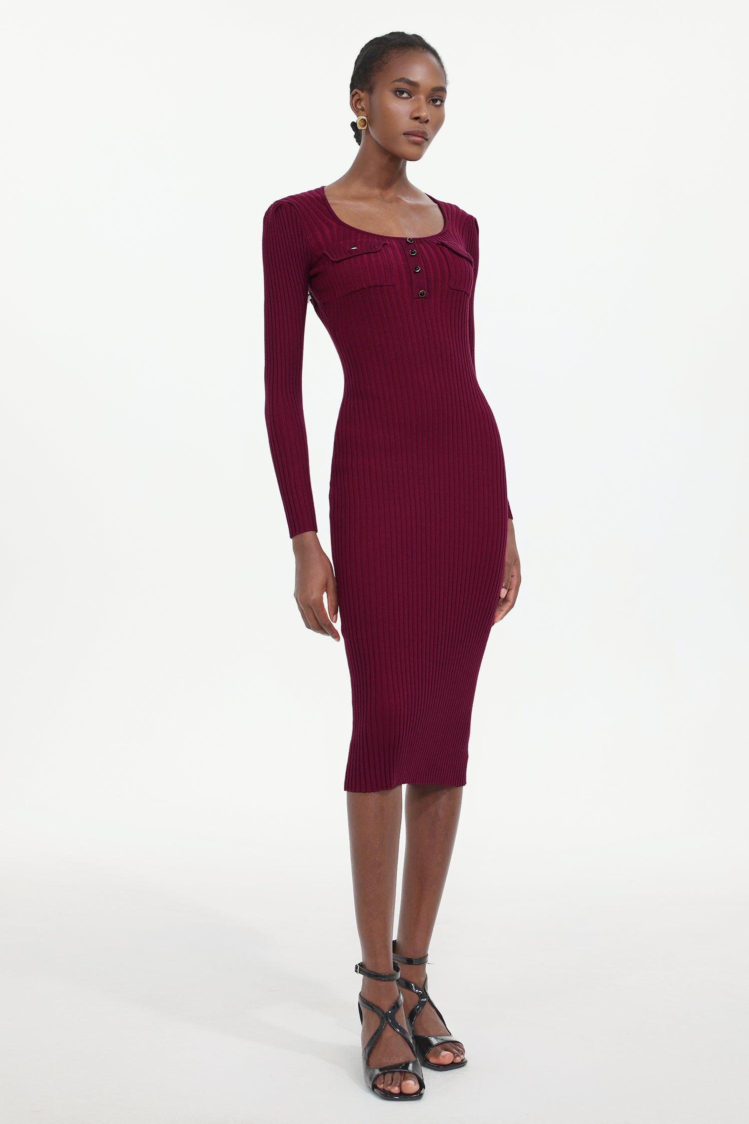 Pelosy Elegant Contour Long Sleeve Knit Midi Dress