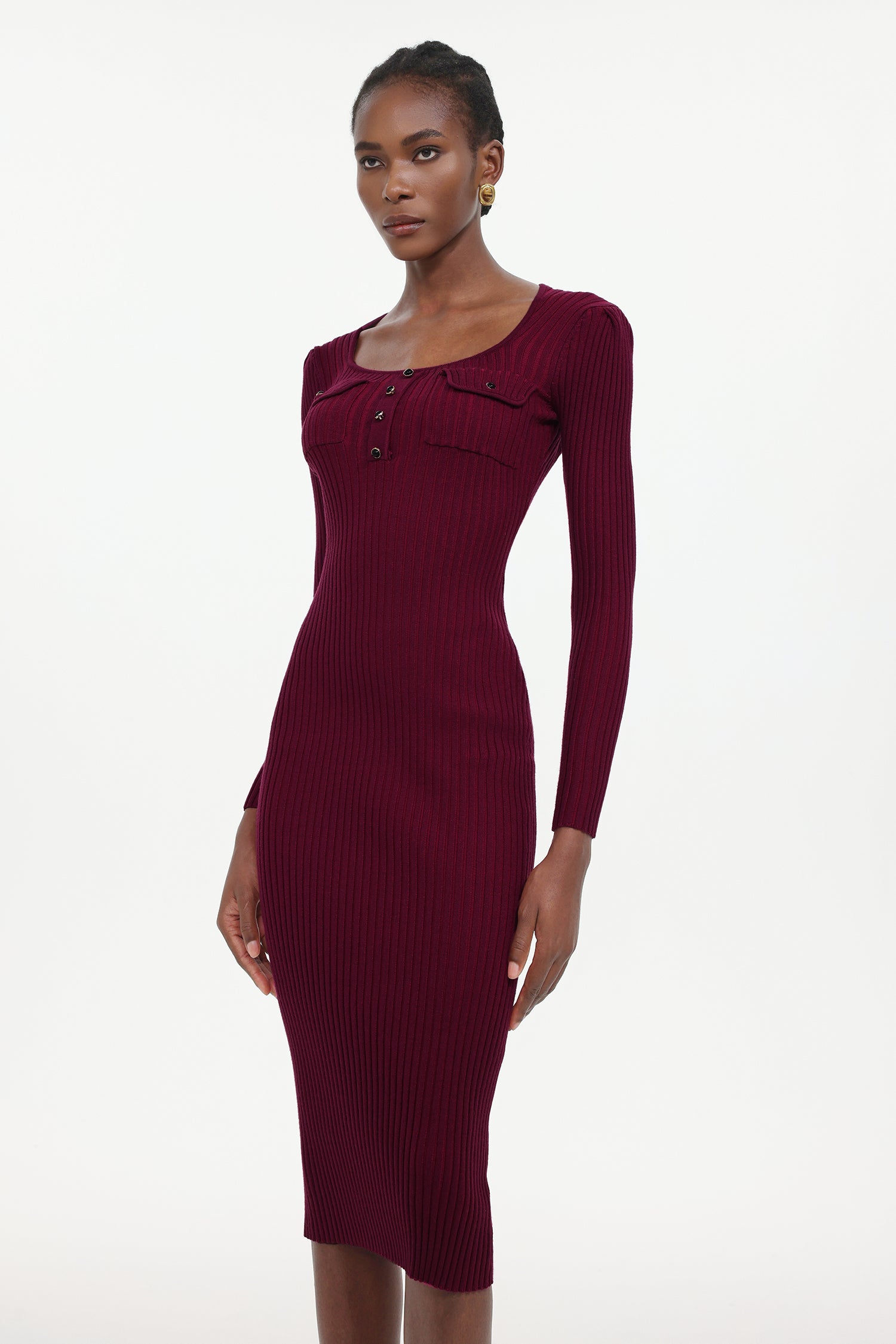 Pelosy Elegant Contour Long Sleeve Knit Midi Dress