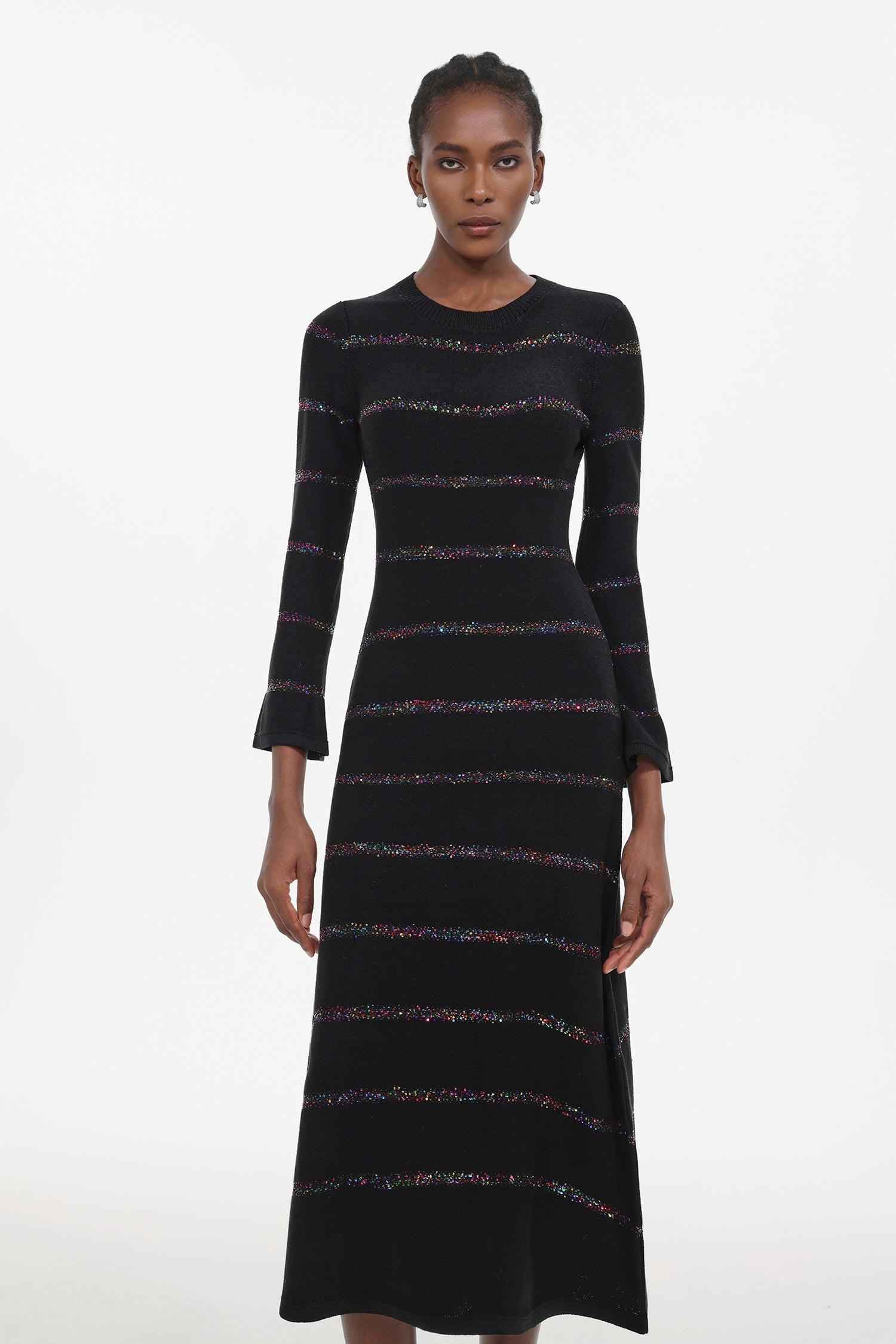 Jikisy Elegant Embellished Round Neck Long Sleeve Knit Maxi Dress