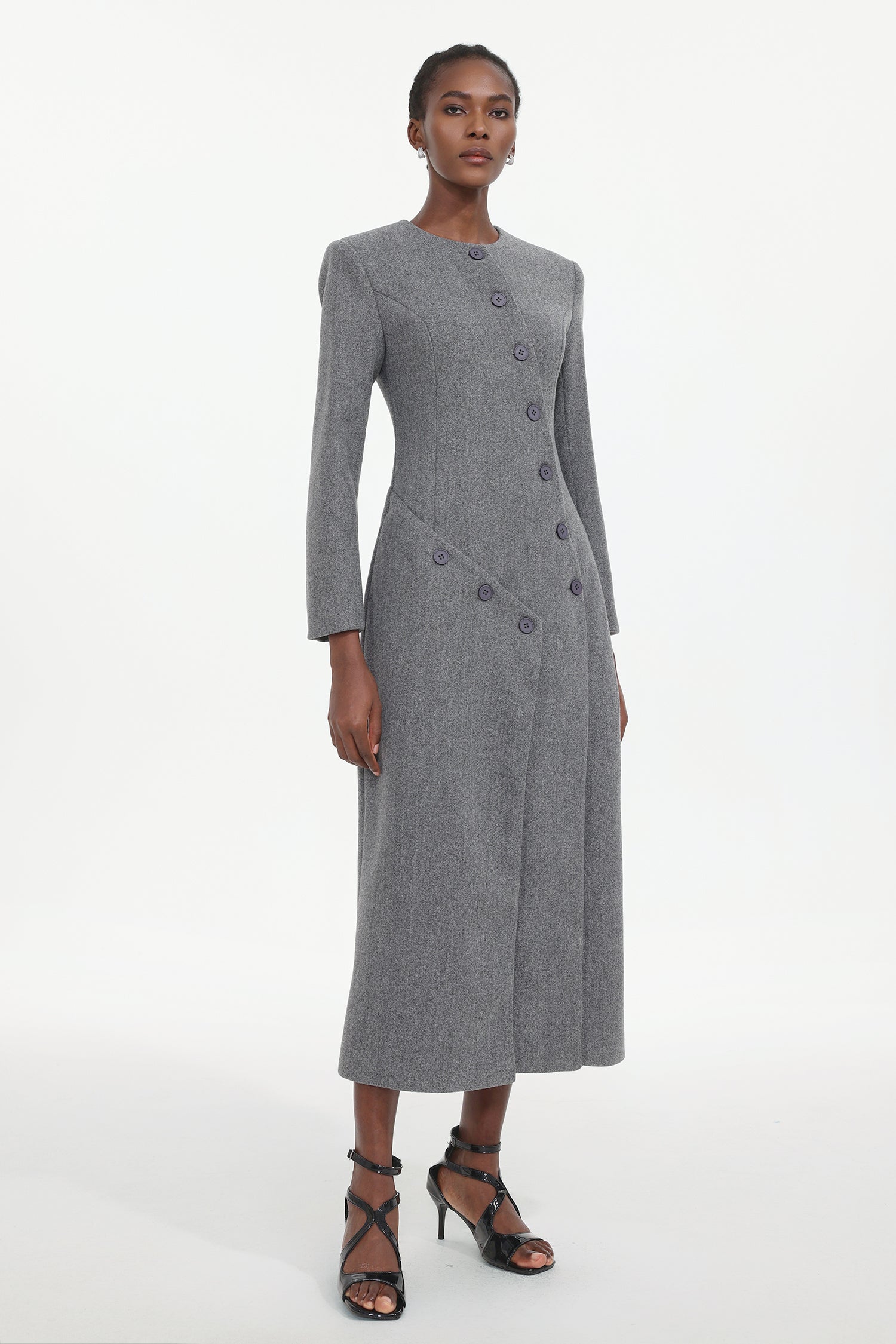 Sliye Classic Tailored Round Neck Long Sleeve Deconstructed Woven Coat