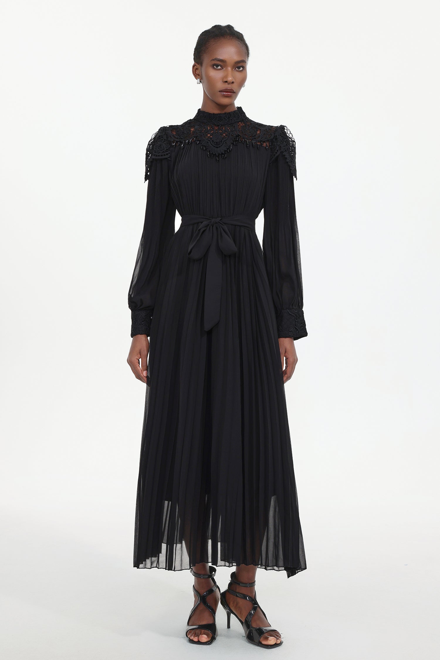 Larry Resort Flowy Long Sleeve Lace Pleated Woven Maxi Dress