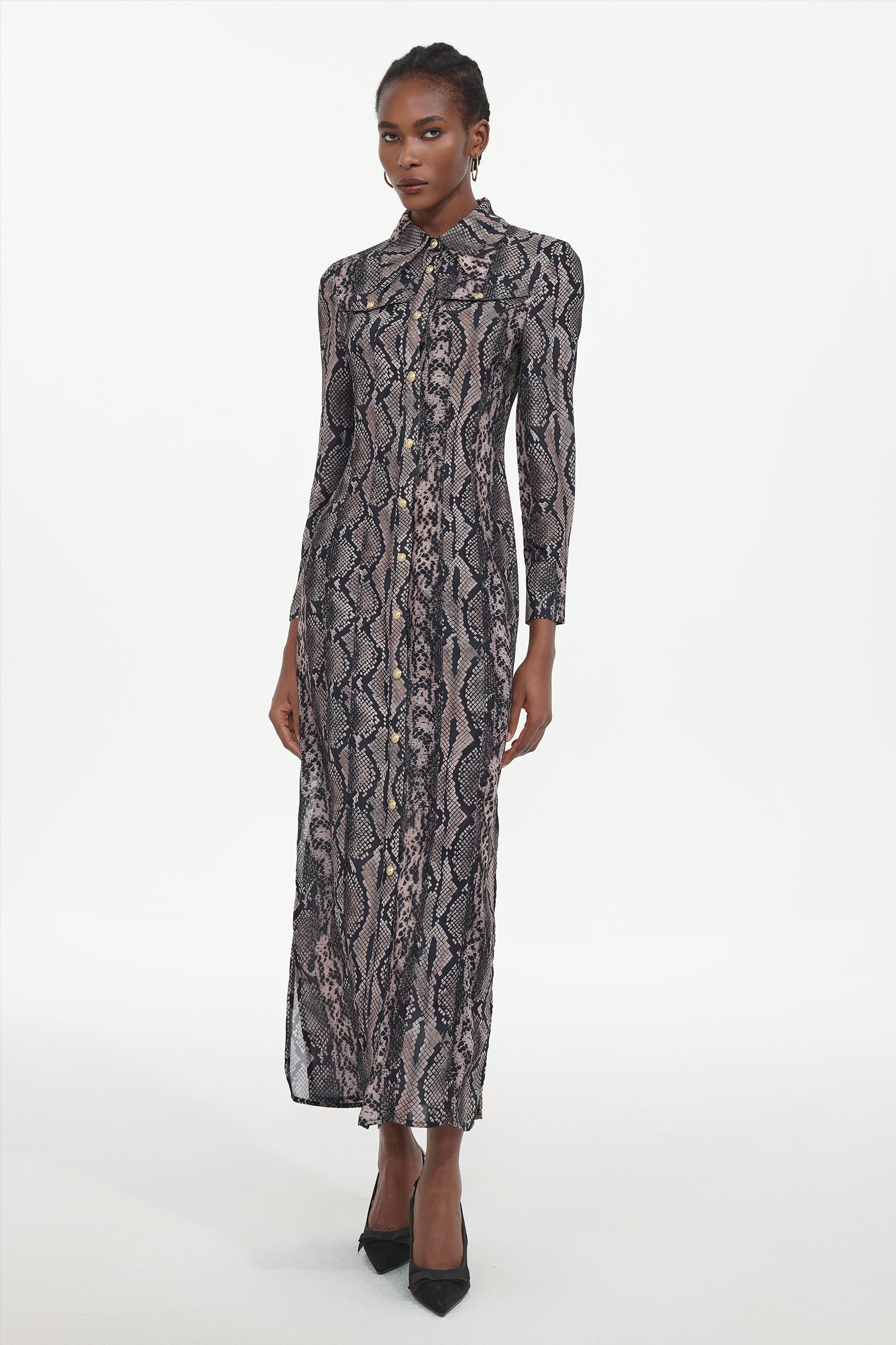 Tinnie Elegant Tailored Long Sleeve Snake Print Woven Maxi Dress