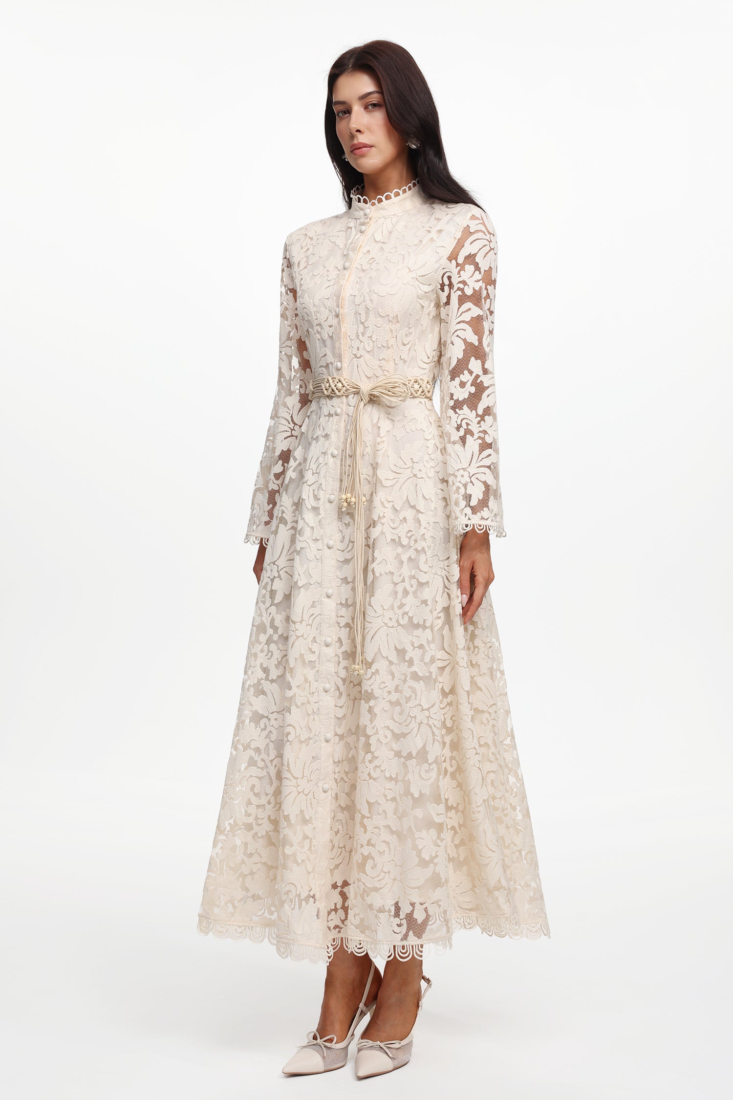 Jodinin Resort Flowy Long Sleeve Lace Woven Maxi Dress