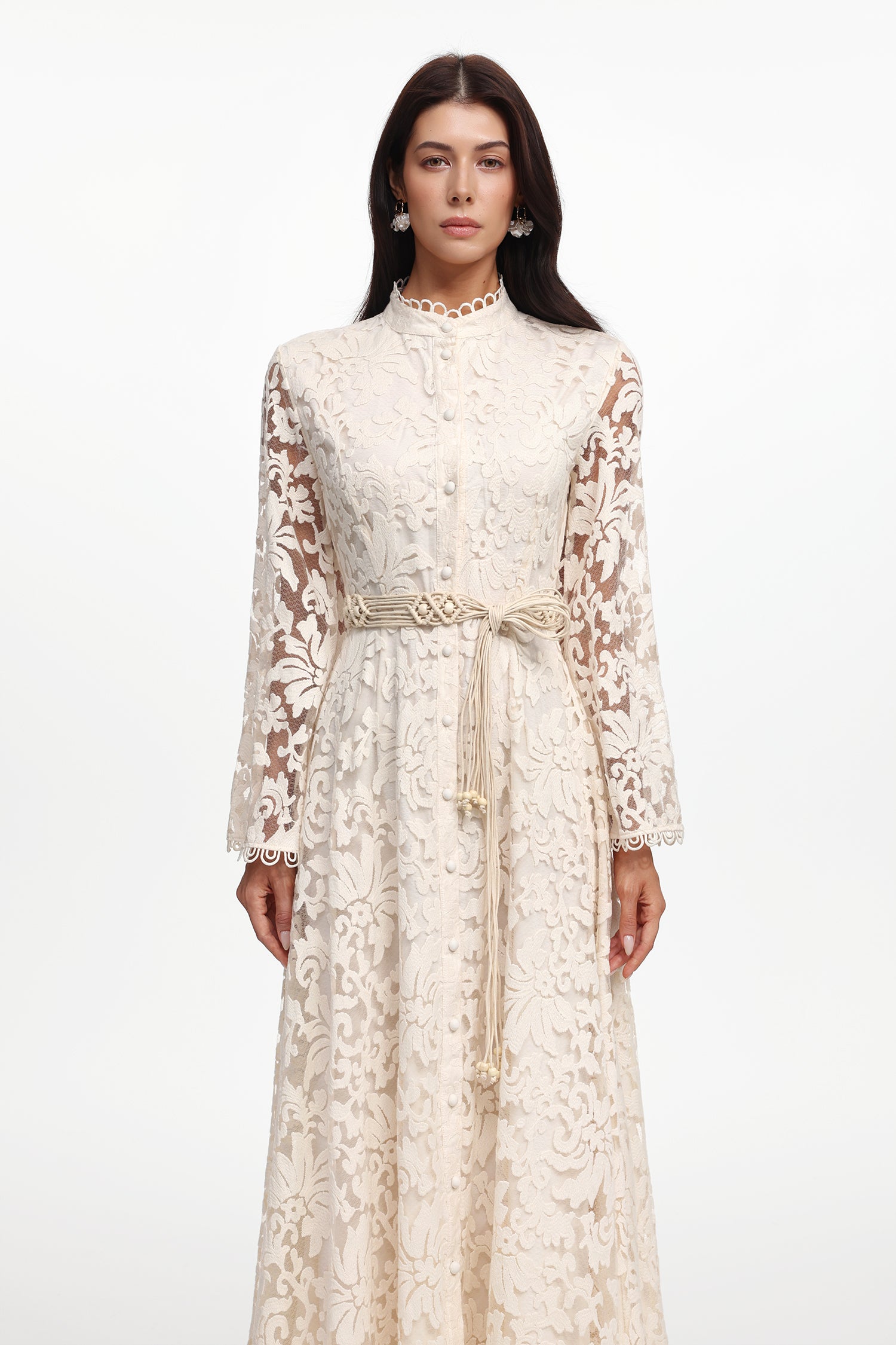 Jodinin Resort Flowy Long Sleeve Lace Woven Maxi Dress