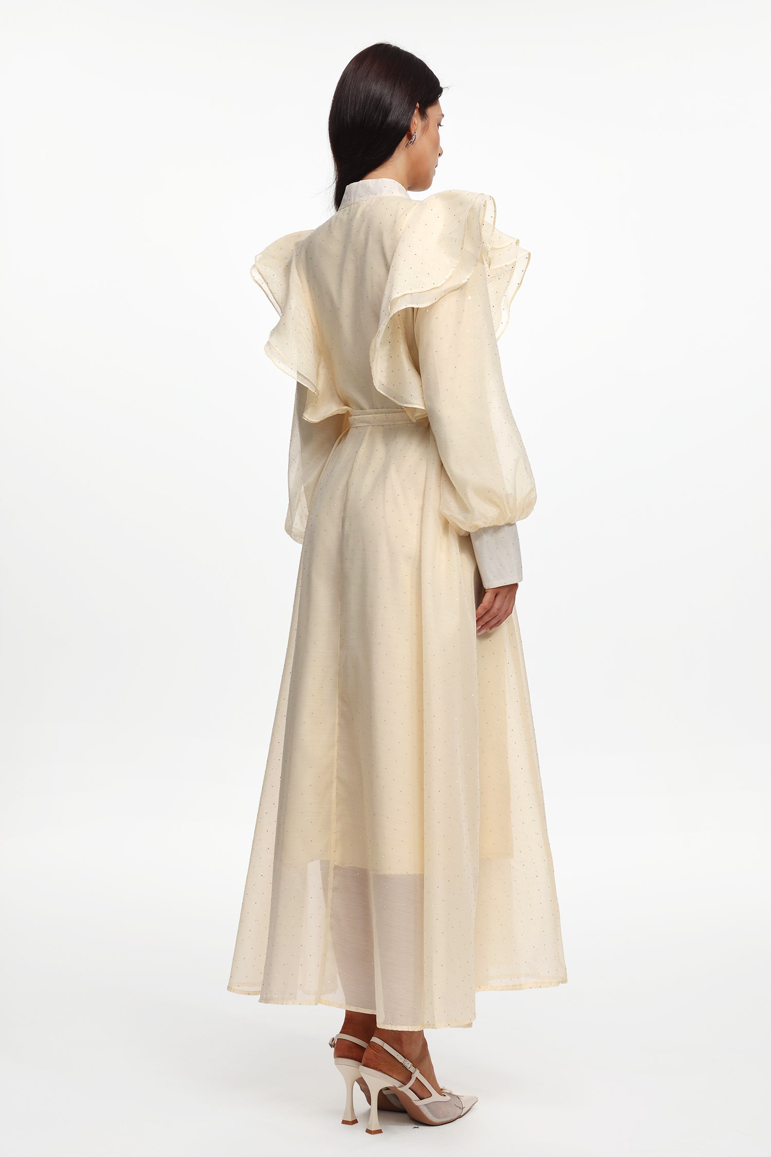 Nomi Resort Flowy Long Sleeve Ruffle Rhinestone Woven Maxi Dress