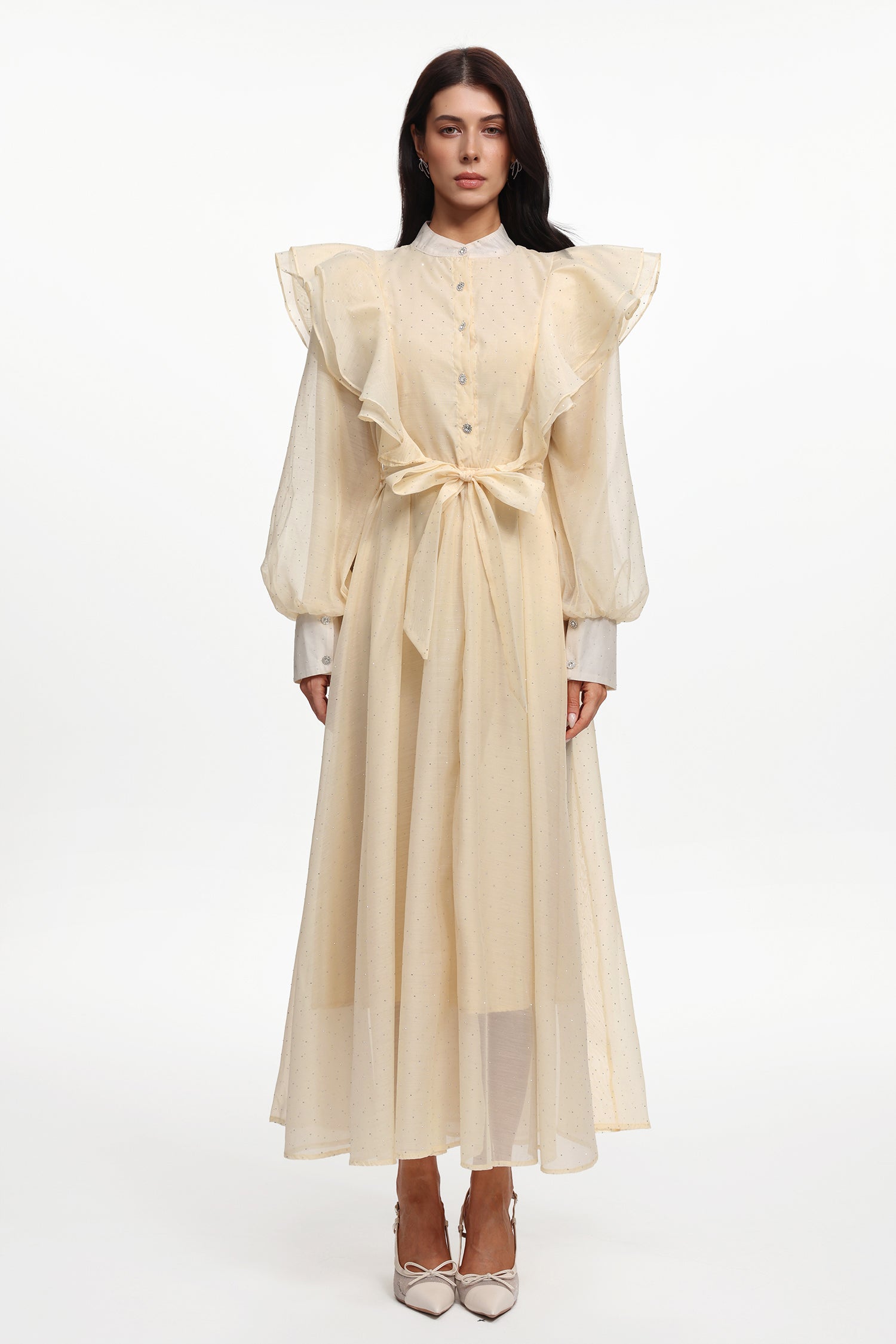 Nomi Resort Flowy Long Sleeve Ruffle Rhinestone Woven Maxi Dress