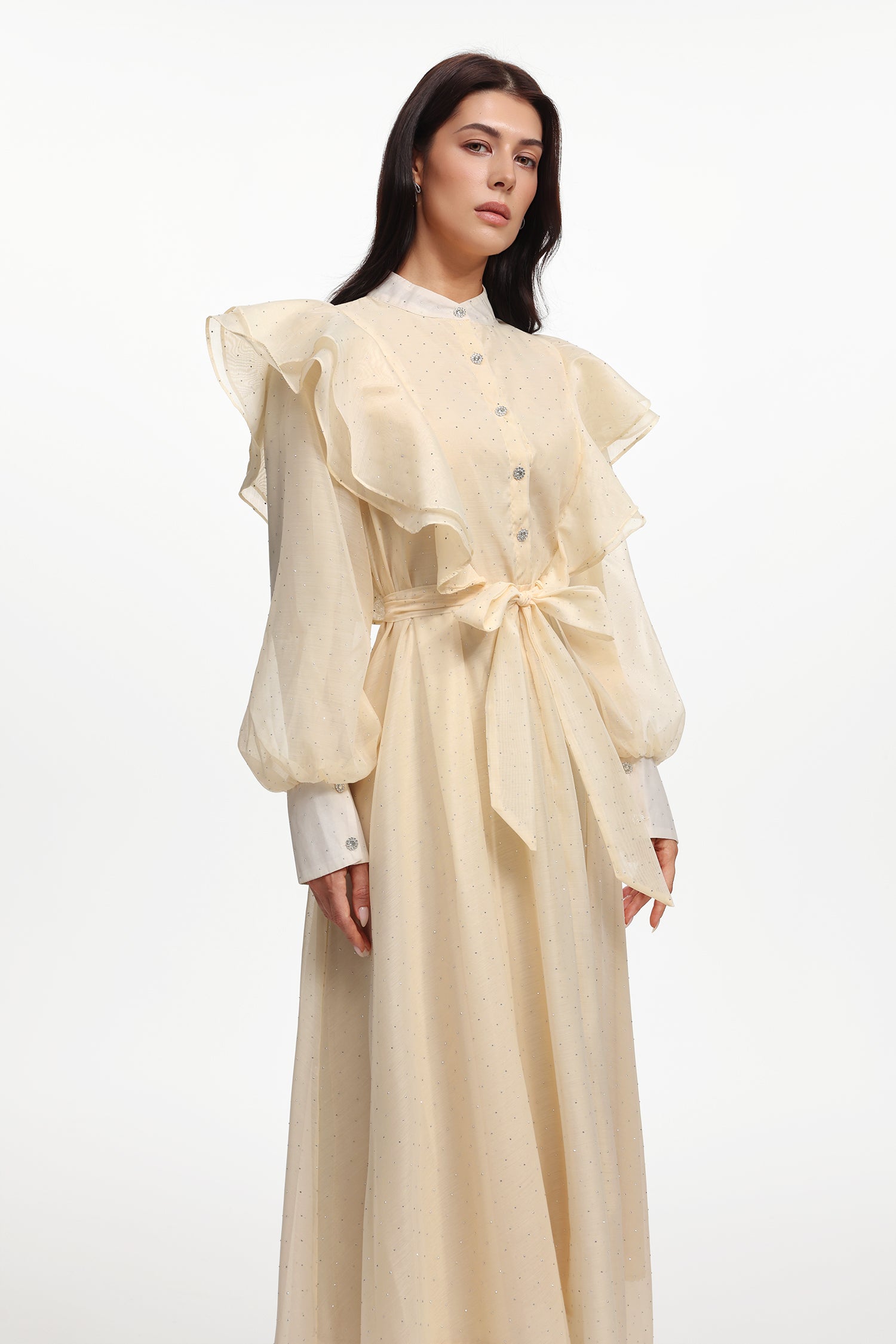 Nomi Resort Flowy Long Sleeve Ruffle Rhinestone Woven Maxi Dress