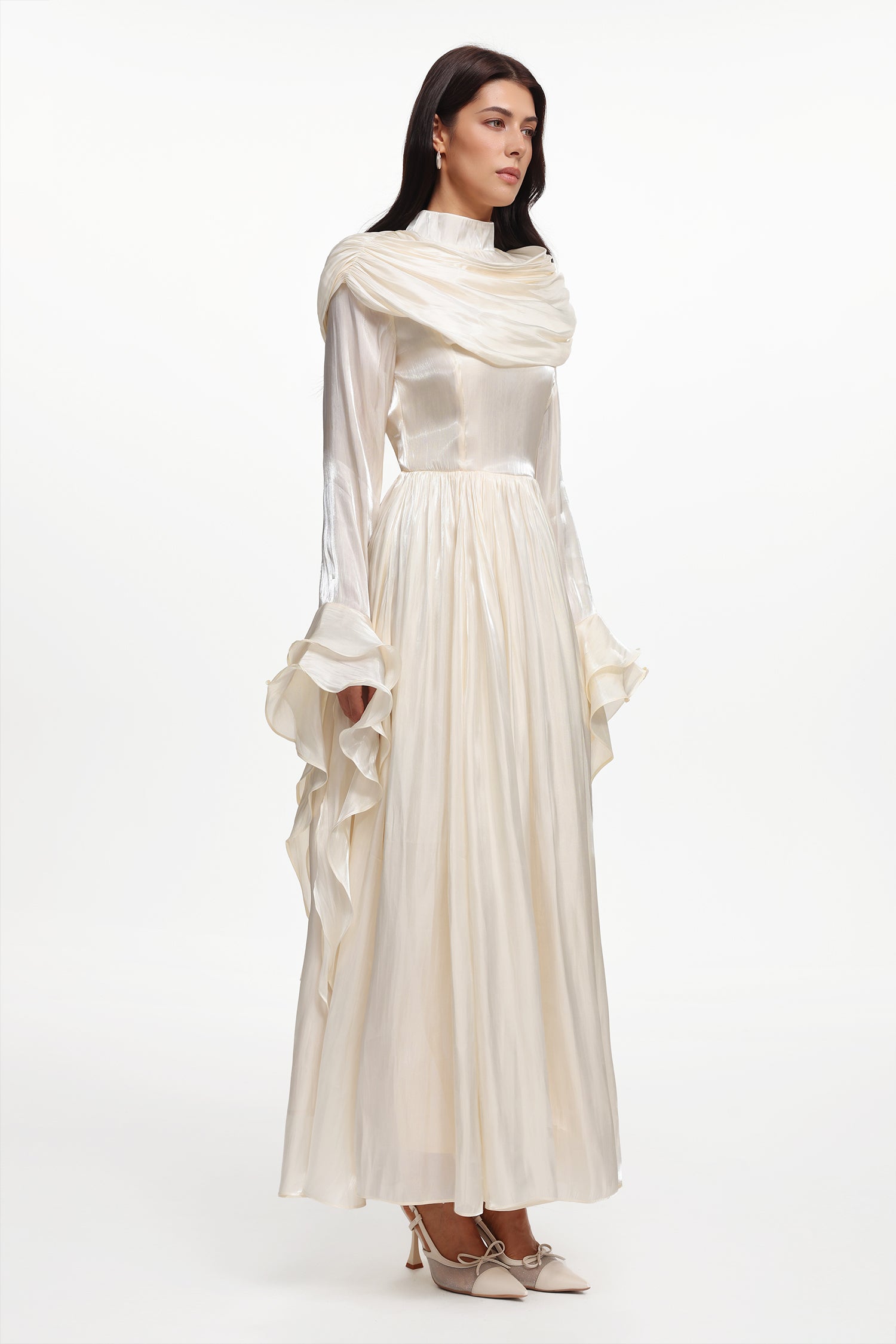 Ilsa Resort Flowy Long Sleeve Ruffle Ruched Satin Beige Maxi Dress