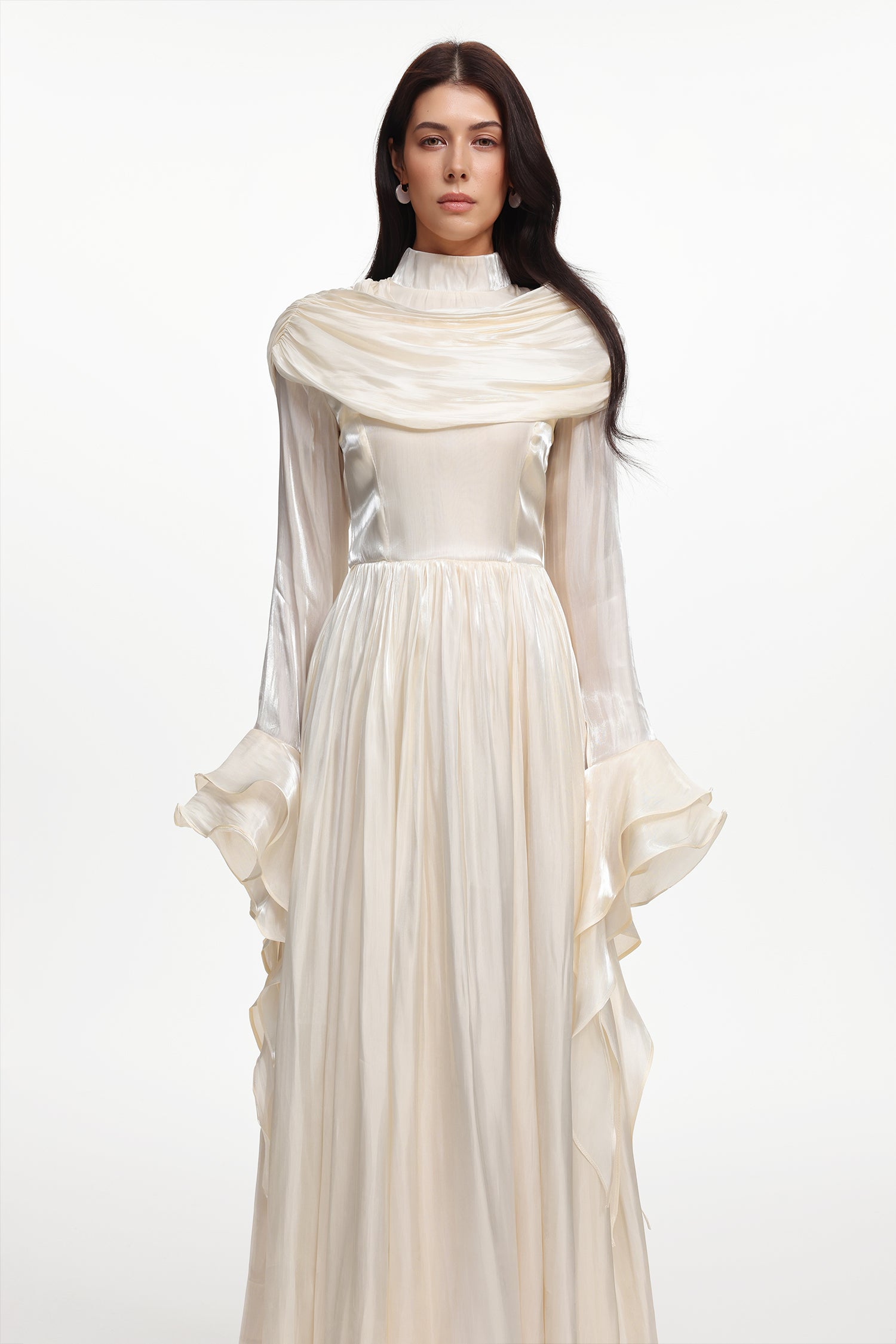 Ilsa Resort Flowy Long Sleeve Ruffle Ruched Satin Beige Maxi Dress