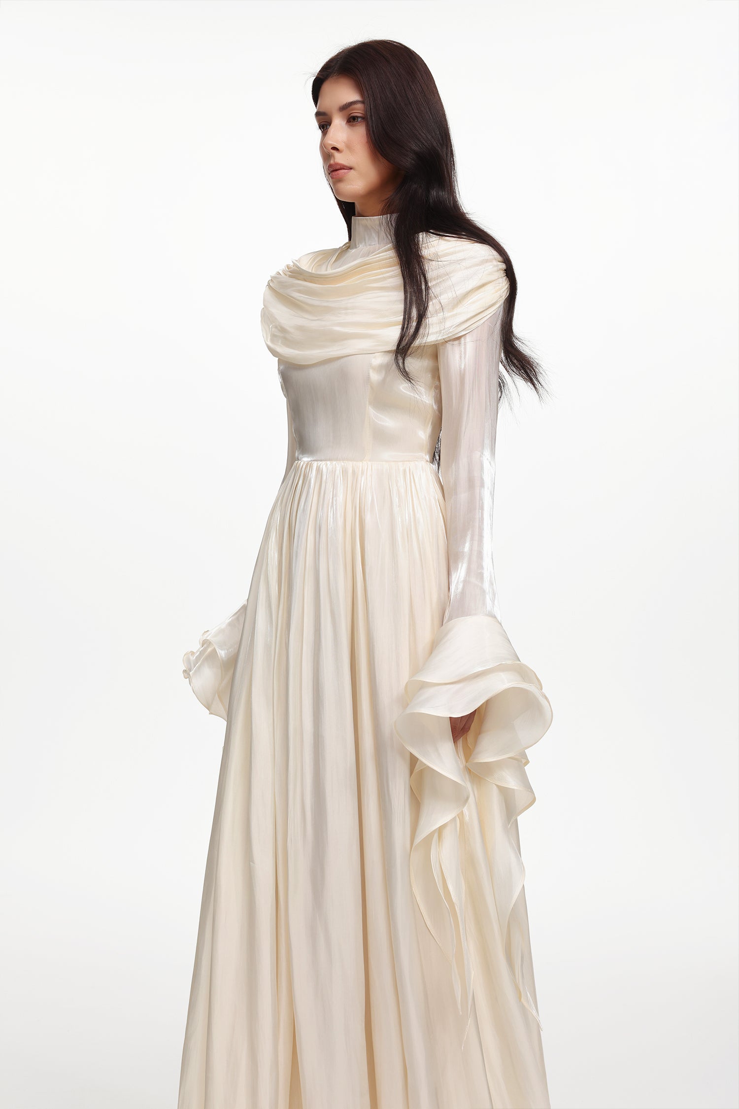 Ilsa Resort Flowy Long Sleeve Ruffle Ruched Satin Beige Maxi Dress