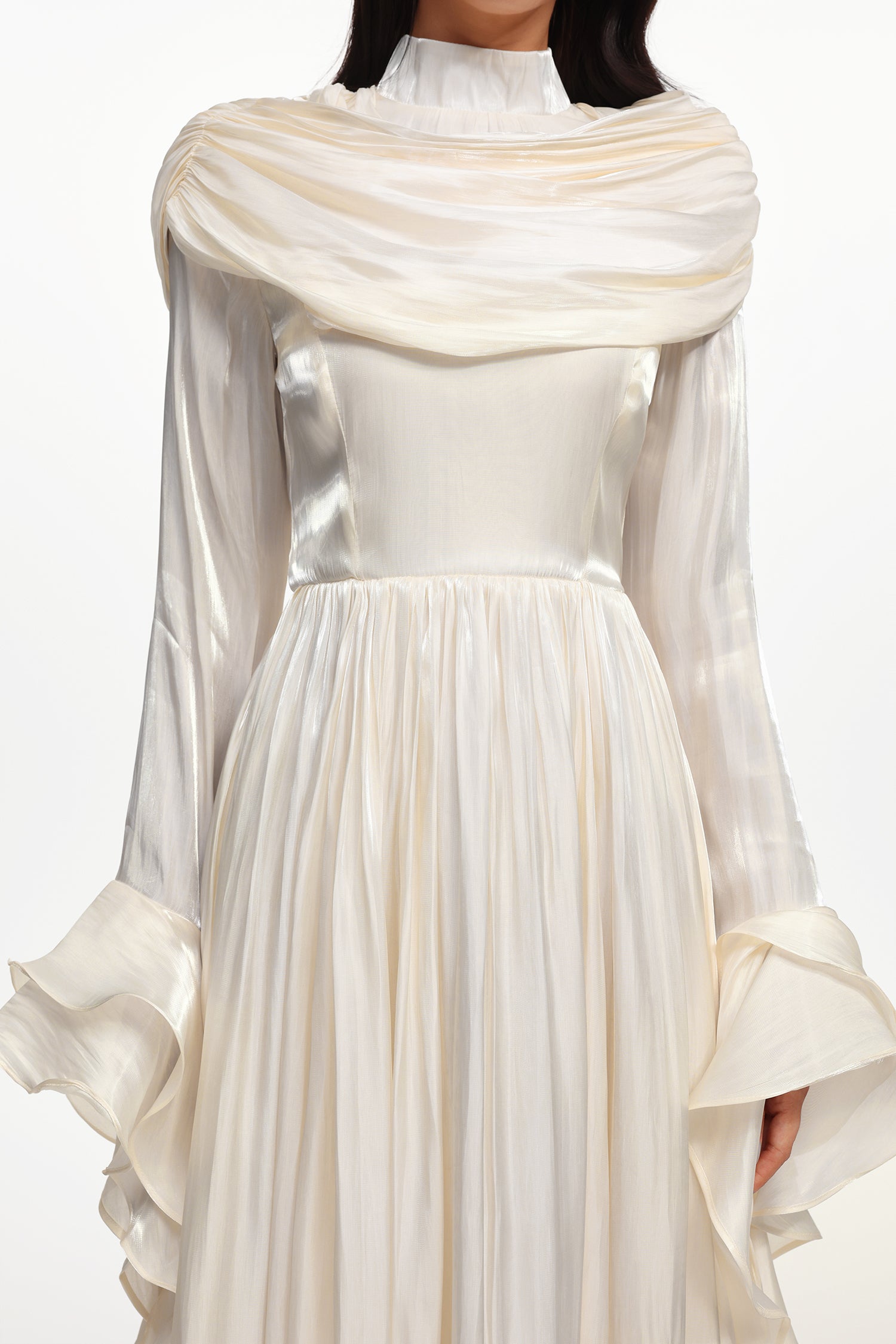 Ilsa Resort Flowy Long Sleeve Ruffle Ruched Satin Beige Maxi Dress