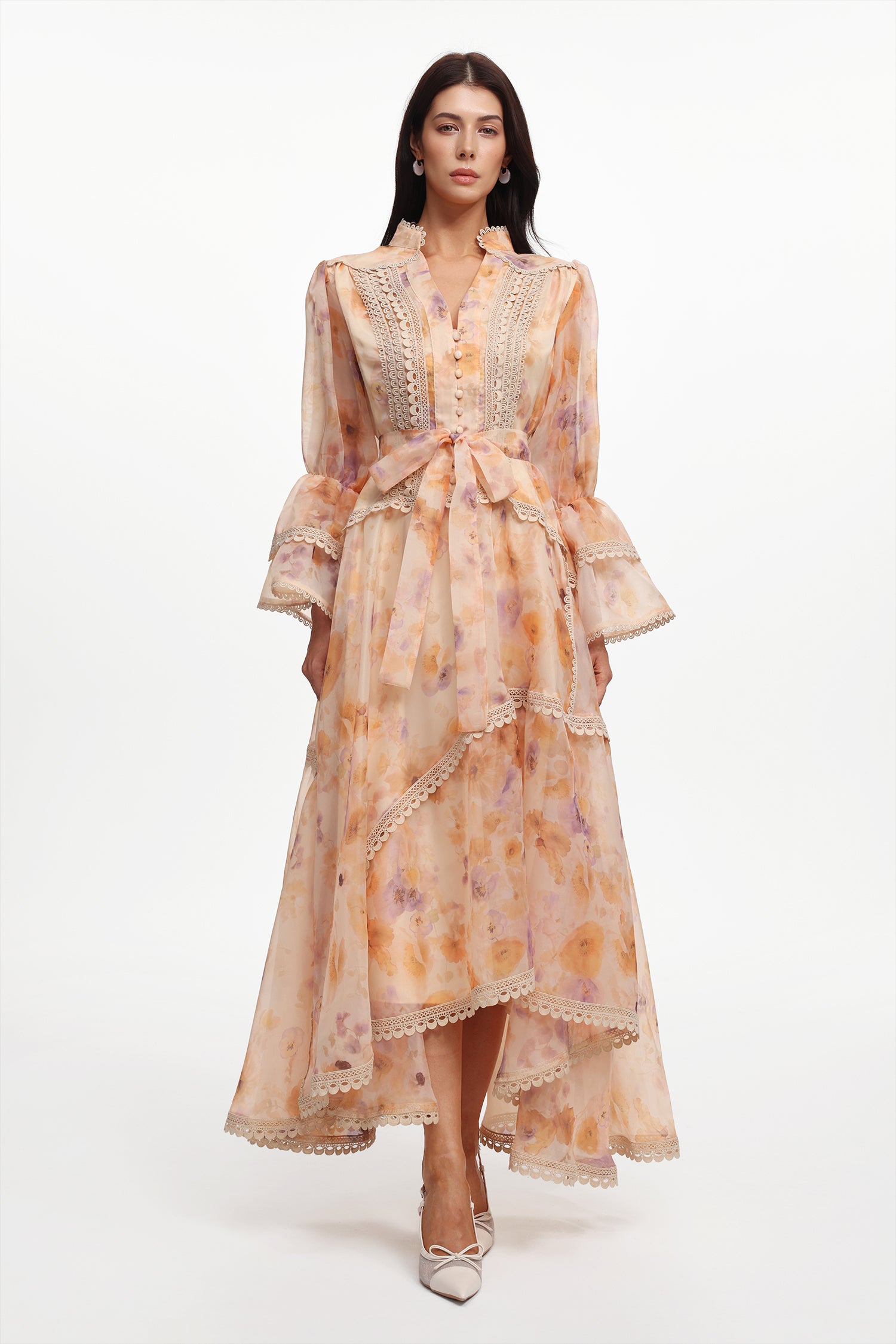 Imane Resort Flowy V Neck Long Sleeve Floral Printed Woven Maxi Dress
