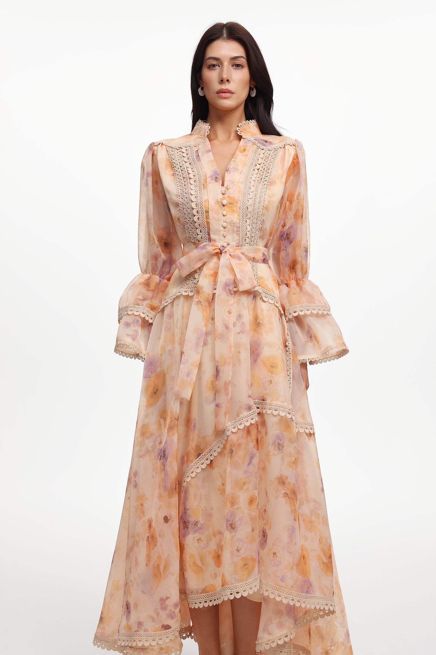 Imane Resort Flowy V Neck Long Sleeve Floral Printed Woven Maxi Dress