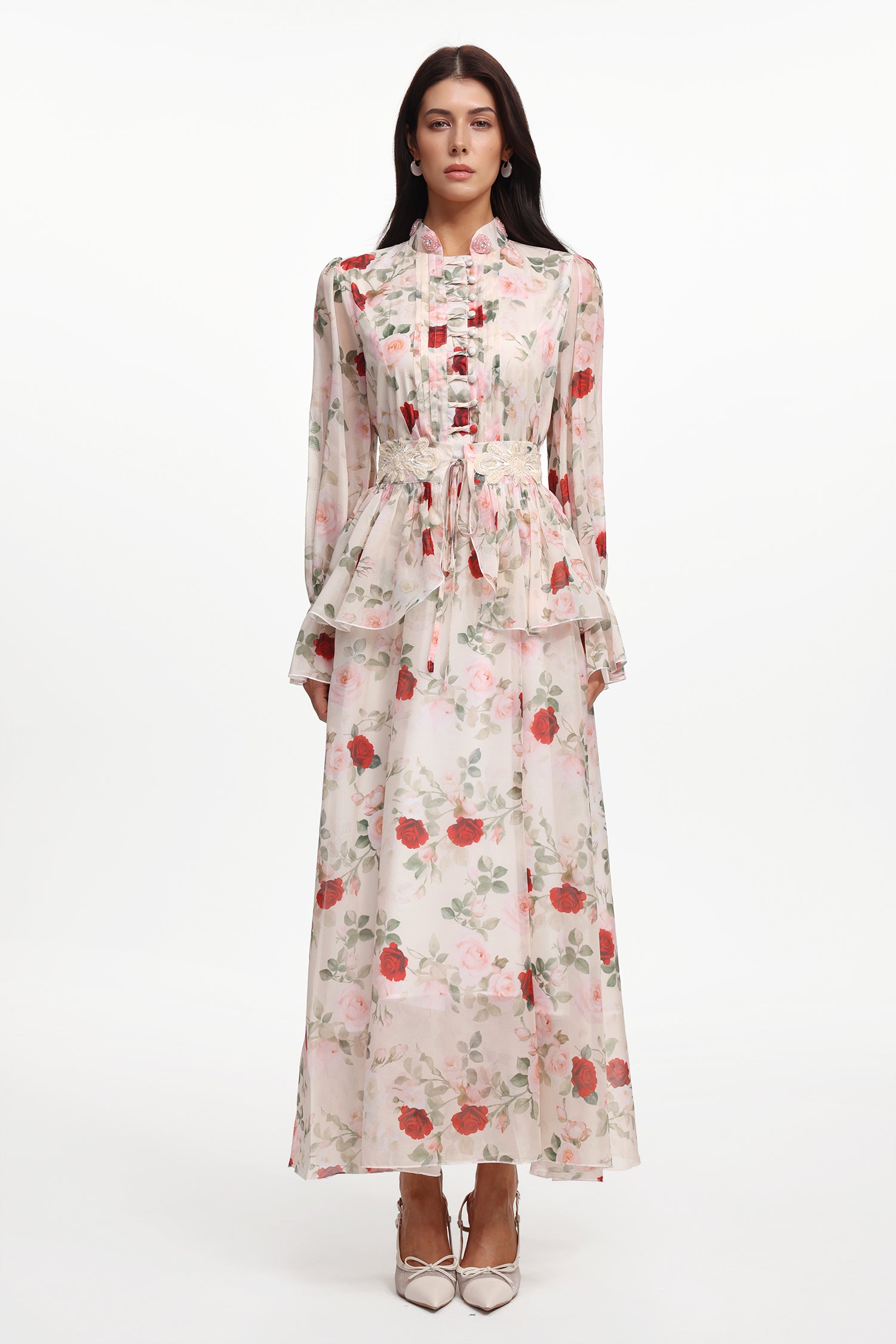 Rava Resort Flowy Long Sleeve Floral Printed Woven Maxi Dress	