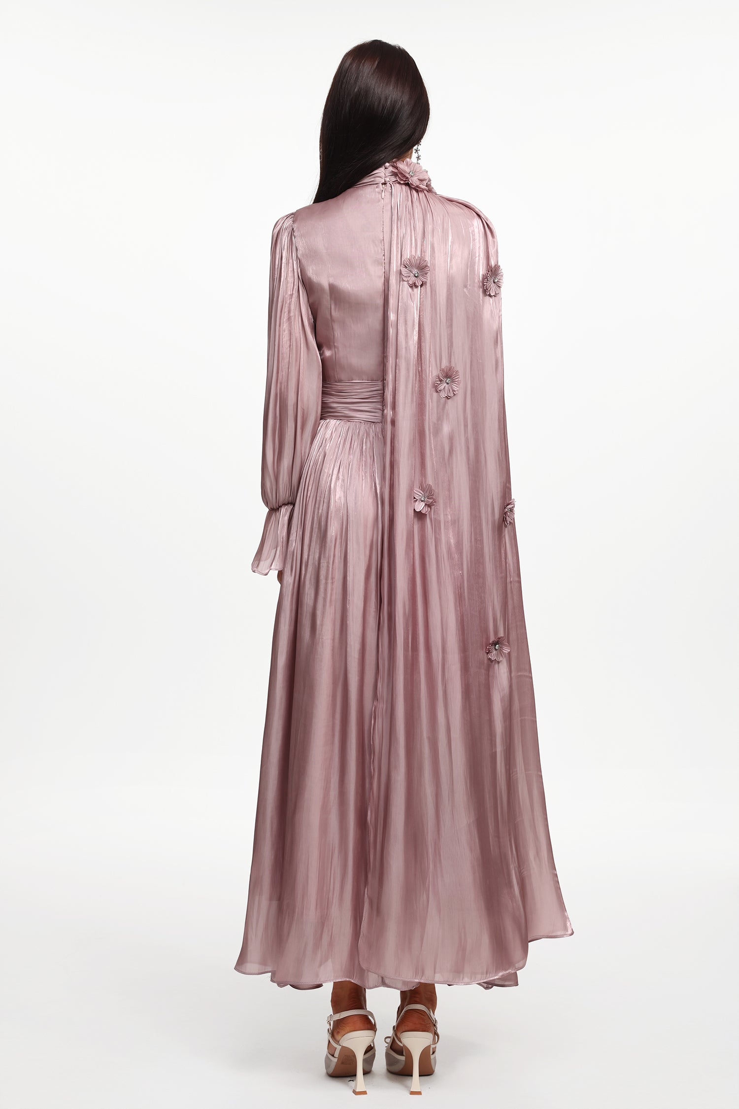 Enya Resort Flowy Long Sleeve Floral Satin Maxi Dress