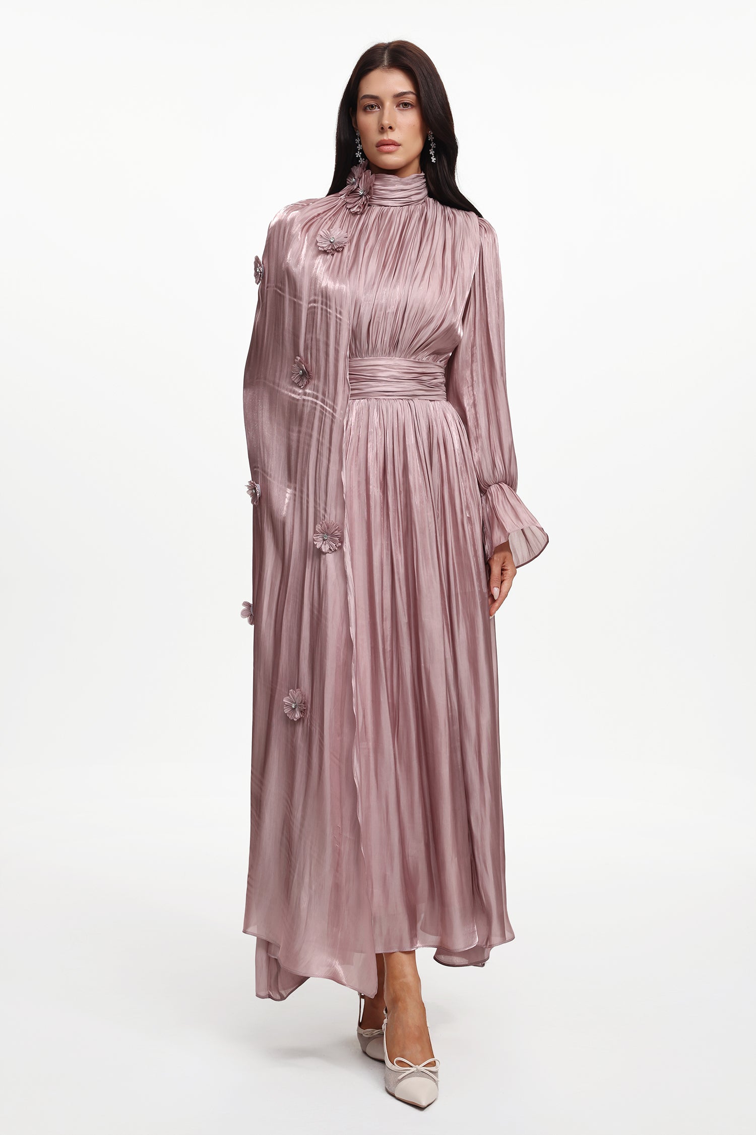 Enya Resort Flowy Long Sleeve Floral Satin Maxi Dress