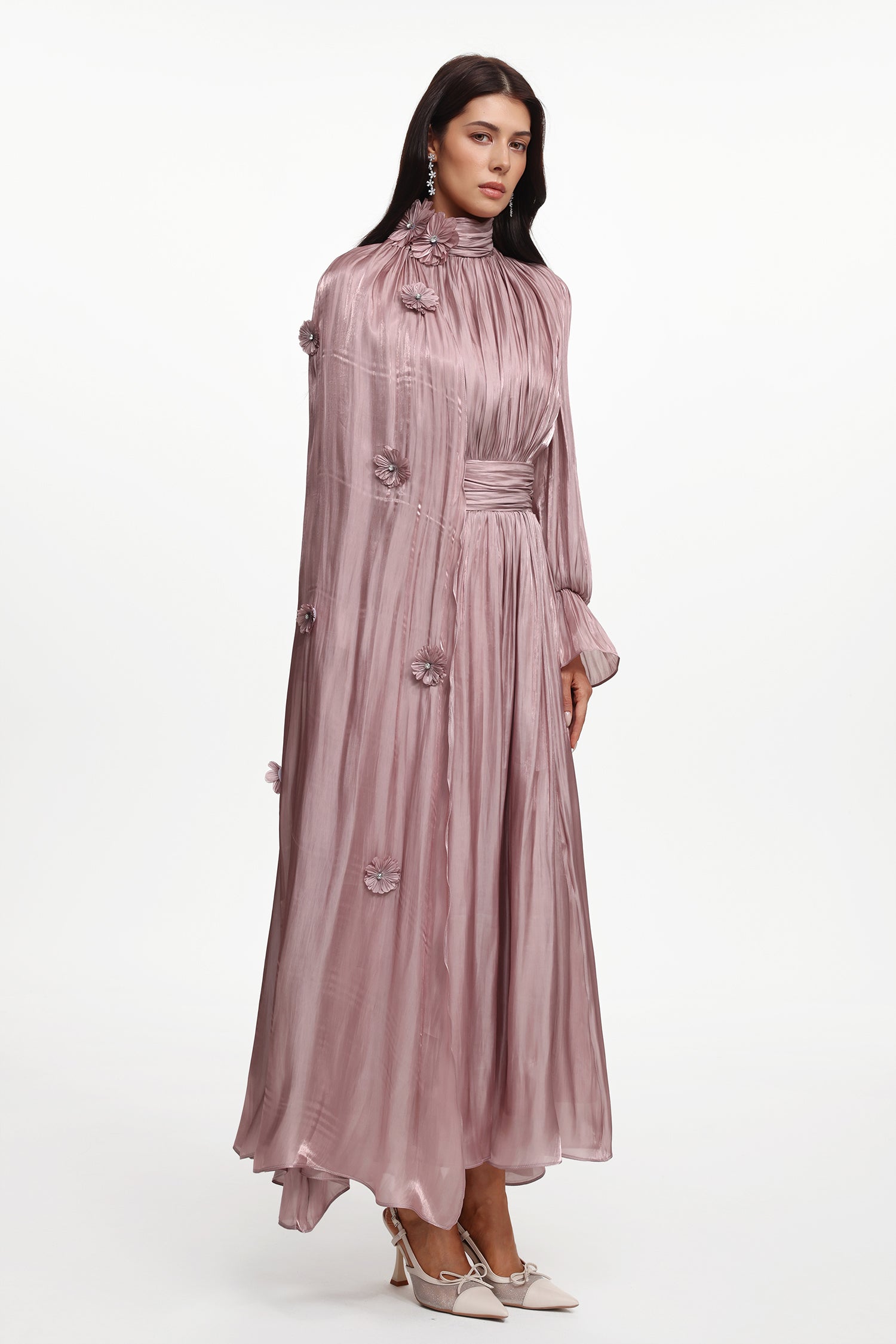 Enya Resort Flowy Long Sleeve Floral Satin Maxi Dress