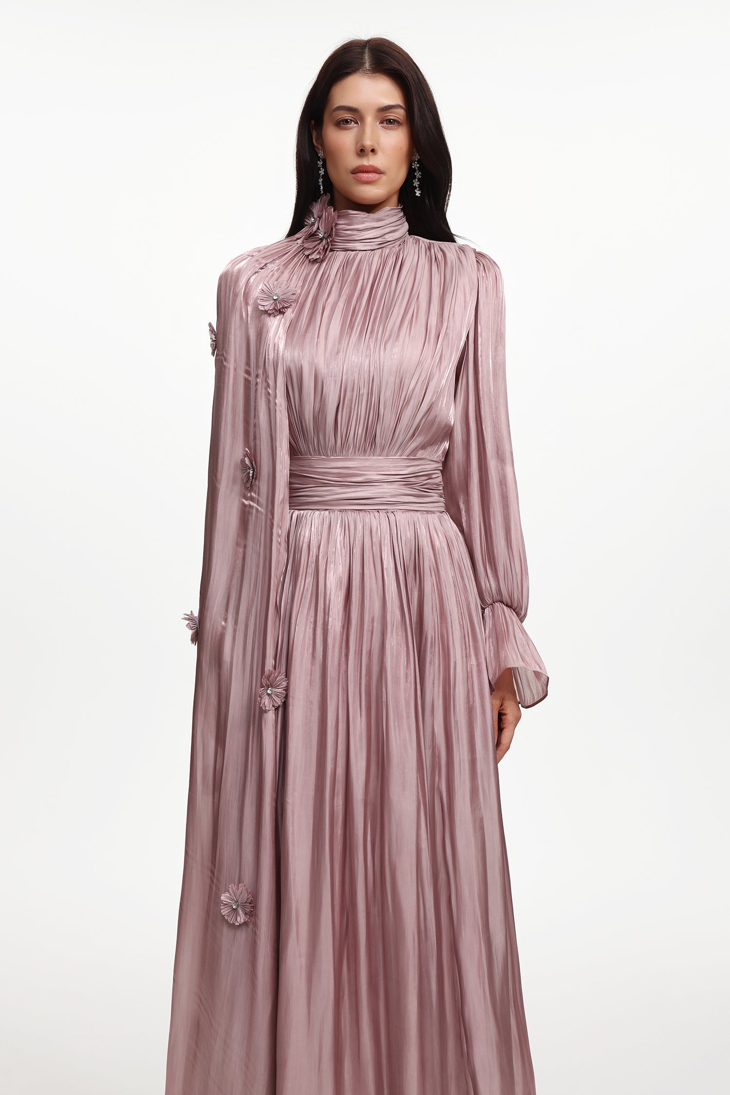 Enya Resort Flowy Long Sleeve Floral Satin Maxi Dress