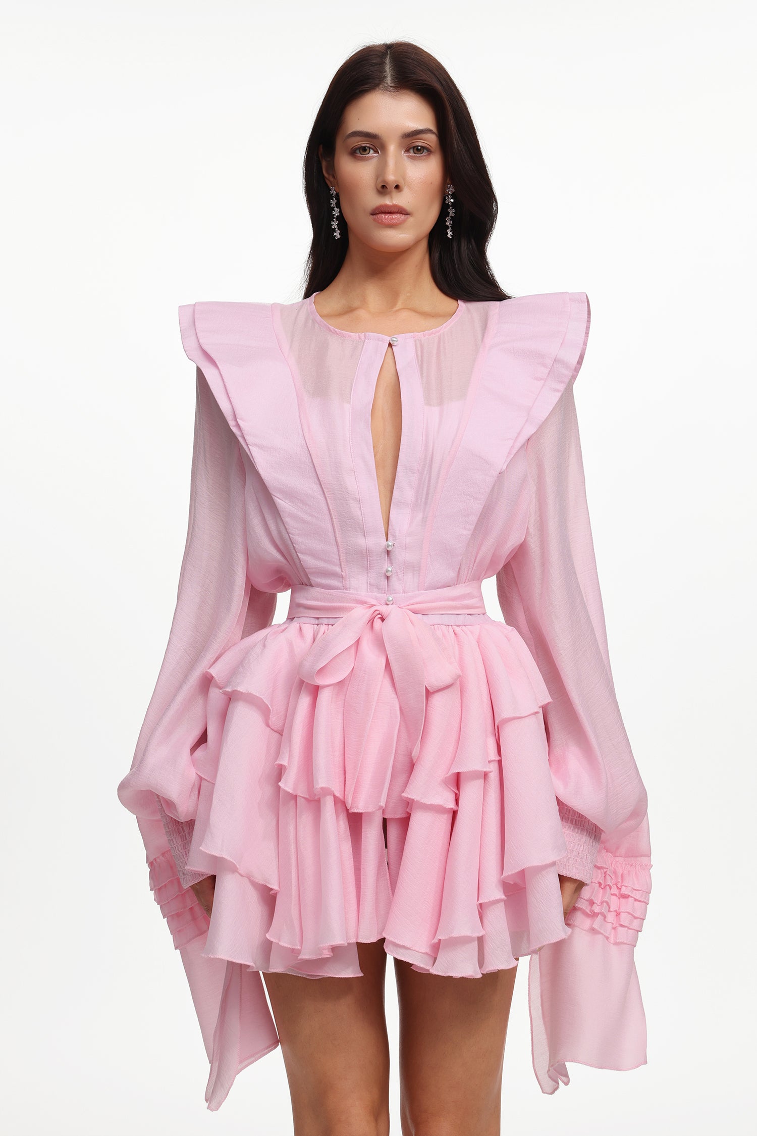 Ruth Resort Flowy Long Sleeve Ruffle Woven Mini Dress