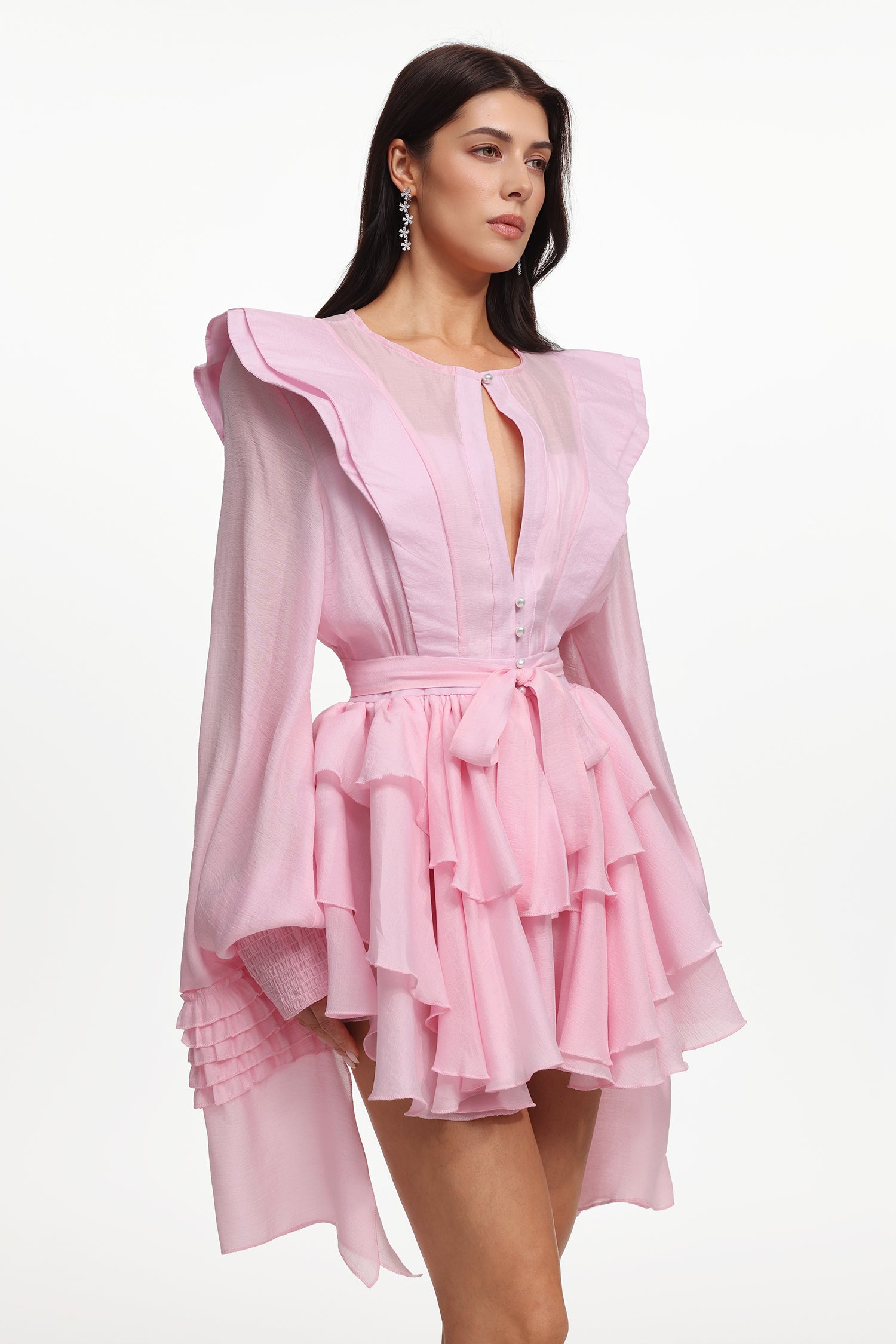 Ruth Resort Flowy Long Sleeve Ruffle Woven Mini Dress