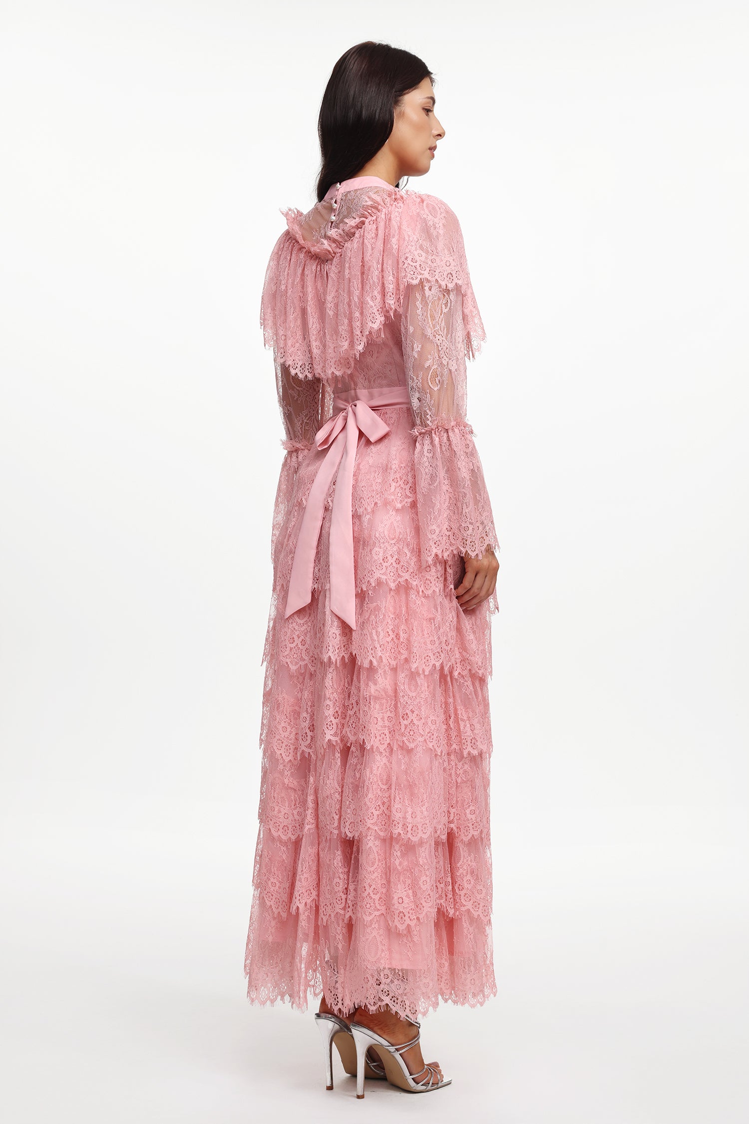Emmi Resort Flowy Long Sleeve Falbala Rhinestone Lace Pink Maxi Dress	