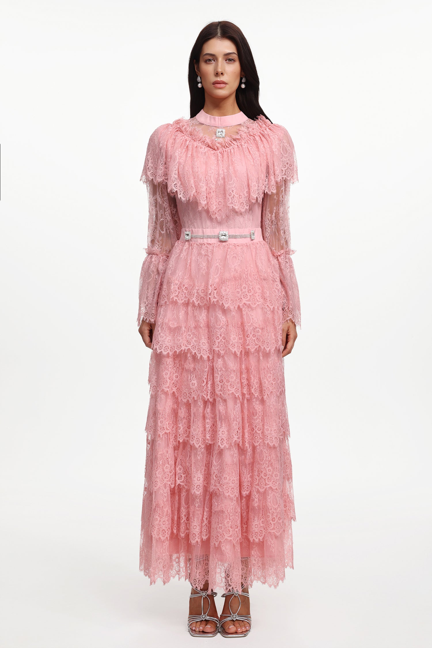 Emmi Resort Flowy Long Sleeve Falbala Rhinestone Lace Pink Maxi Dress	