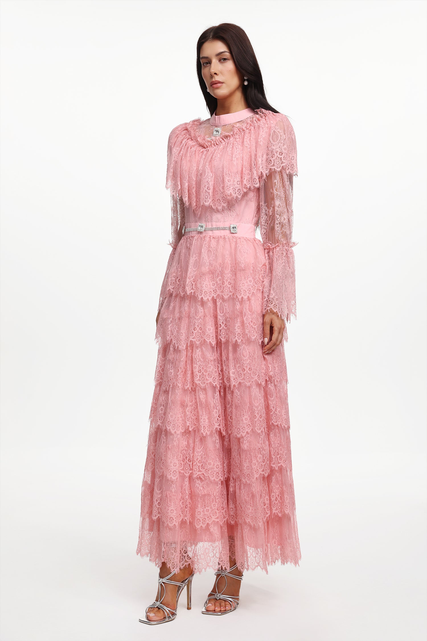 Emmi Resort Flowy Long Sleeve Falbala Rhinestone Lace Pink Maxi Dress	