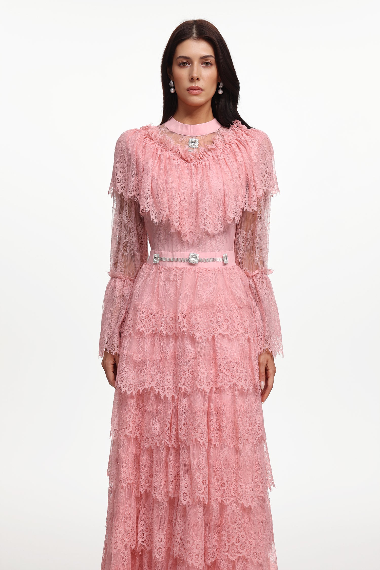 Emmi Resort Flowy Long Sleeve Falbala Rhinestone Lace Pink Maxi Dress	