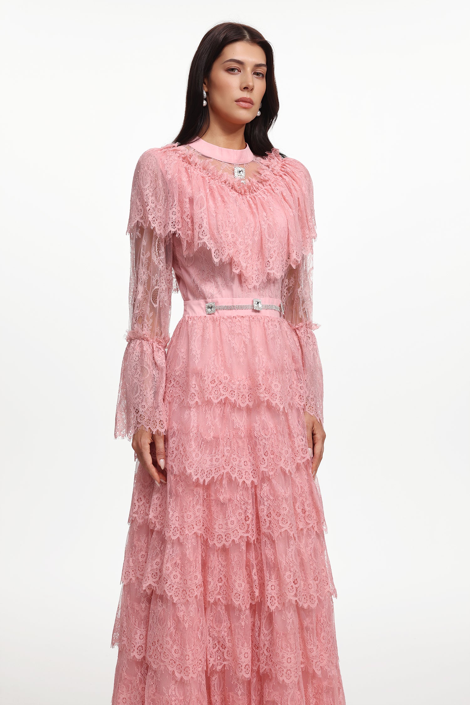 Emmi Resort Flowy Long Sleeve Falbala Rhinestone Lace Pink Maxi Dress	