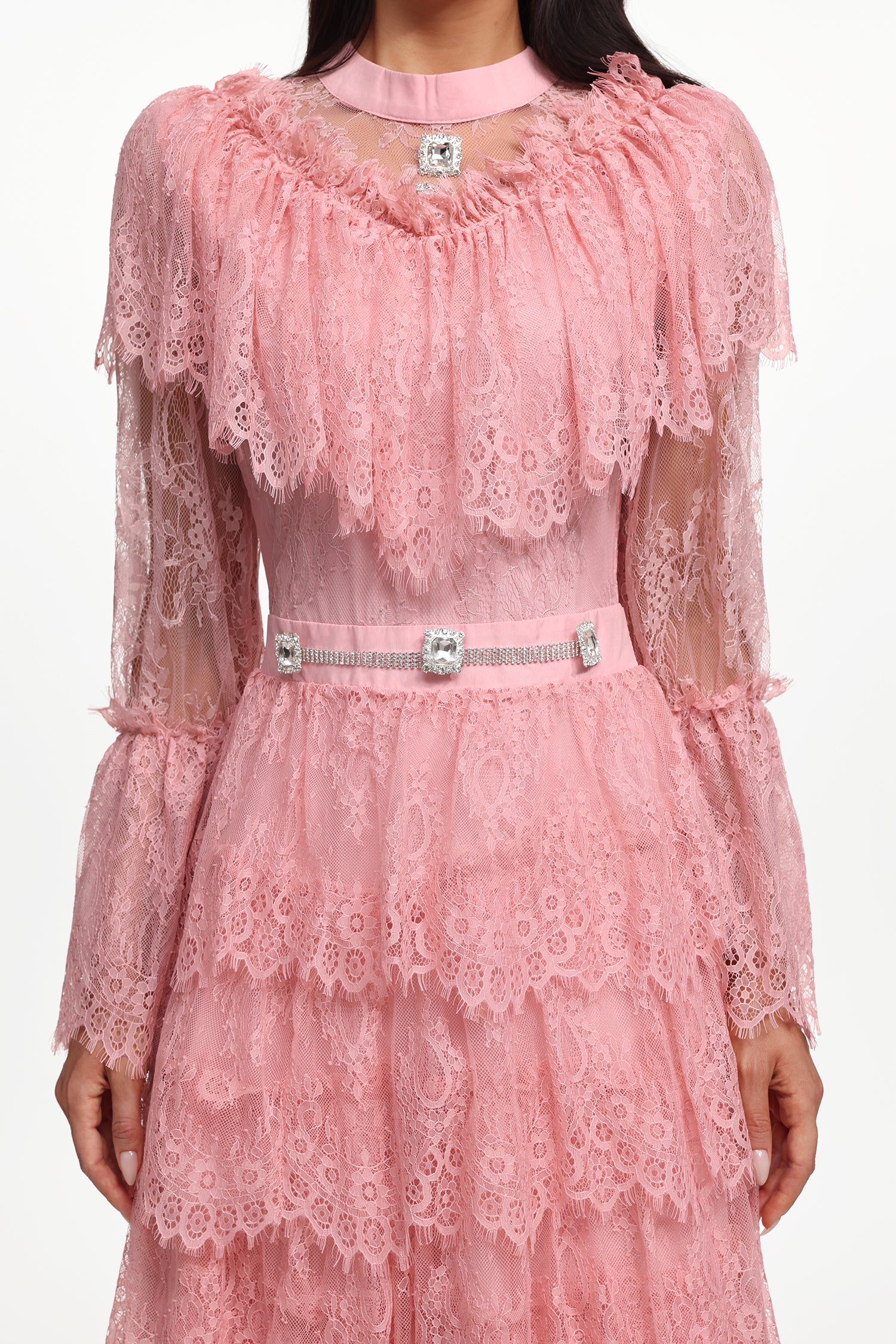 Emmi Resort Flowy Long Sleeve Falbala Rhinestone Lace Pink Maxi Dress	