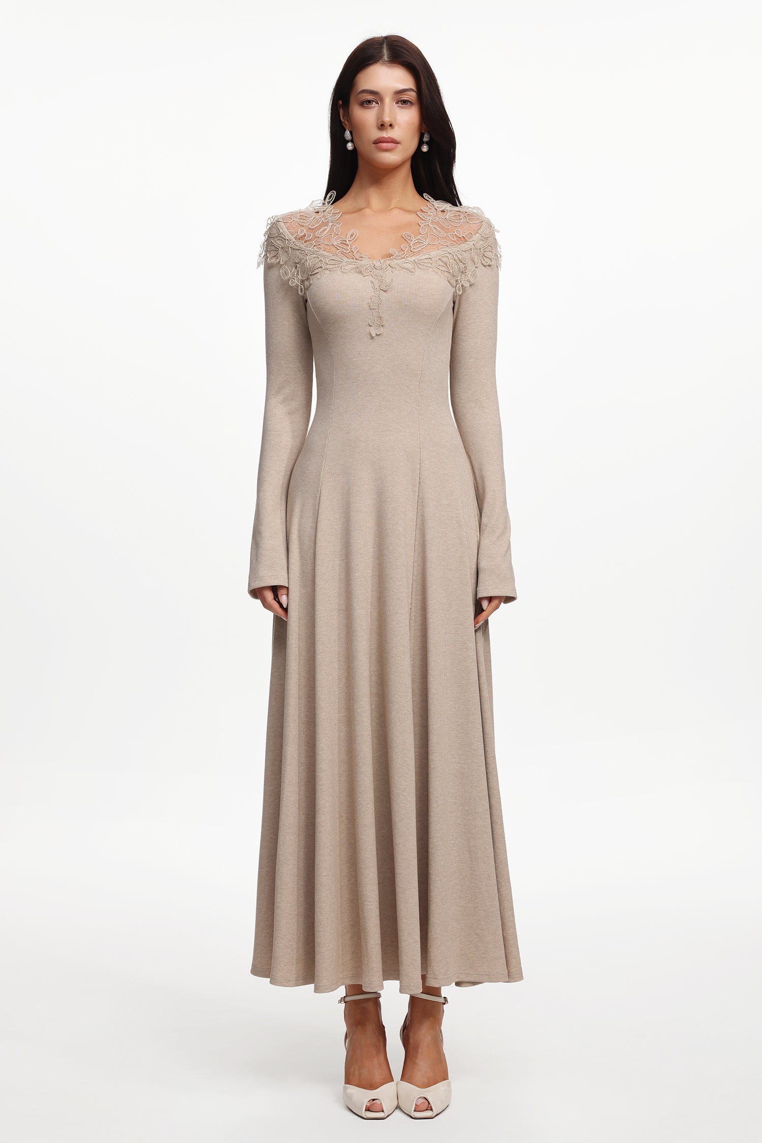 Nivia Vintage Contour Off Shoulder Long Sleeve Floral Knit Maxi Dress