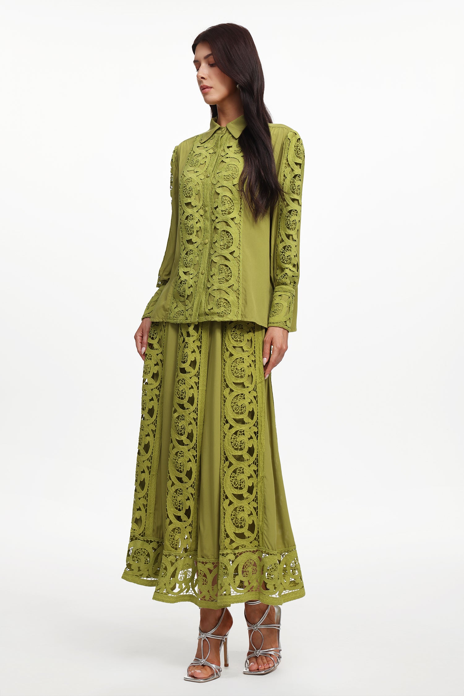 Sharla Resort Flowy Long Sleeve Cut Out Woven Top And Skirt Two-Piece Set