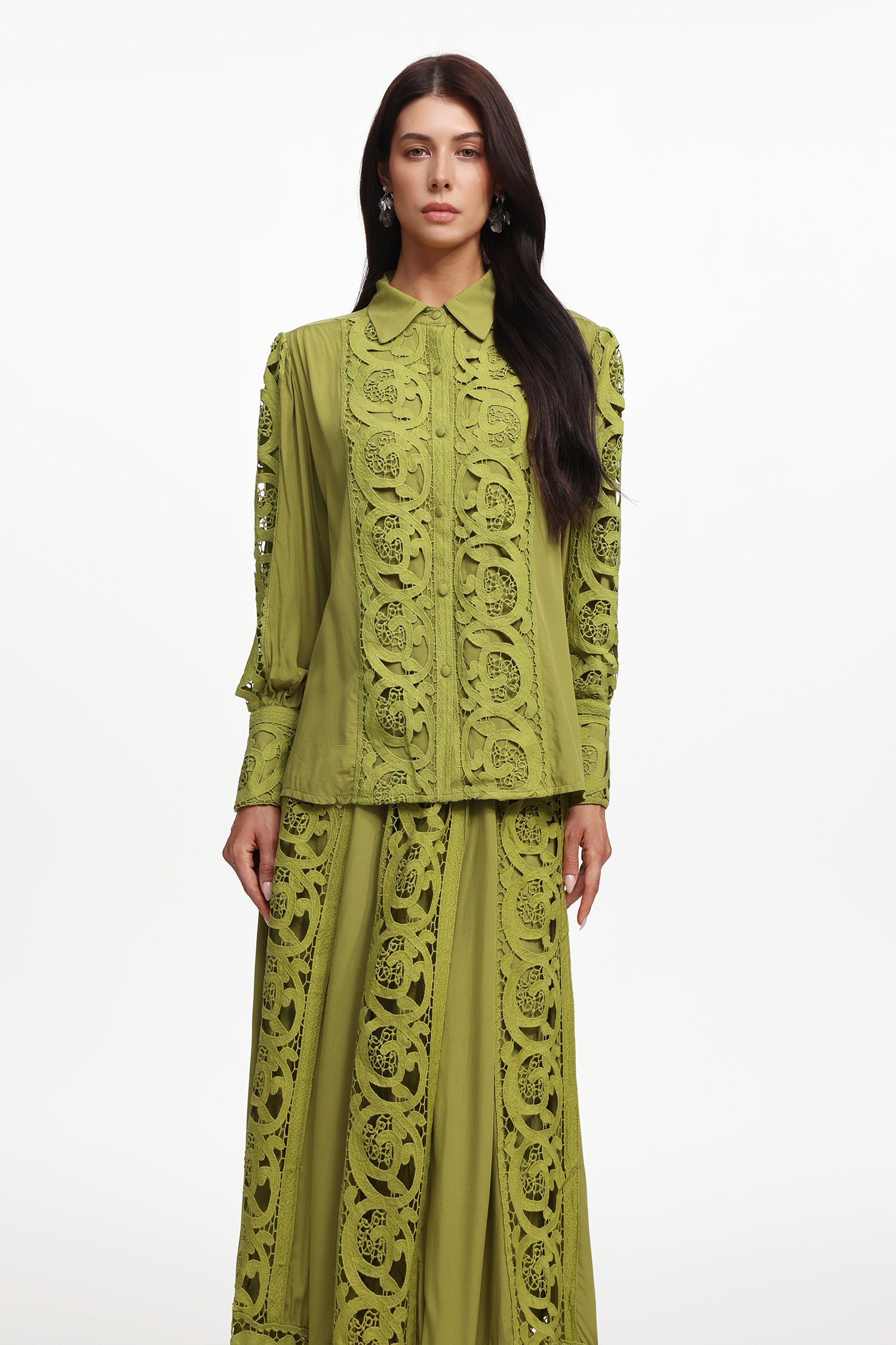 Sharla Resort Flowy Long Sleeve Cut Out Woven Top And Skirt Two-Piece Set