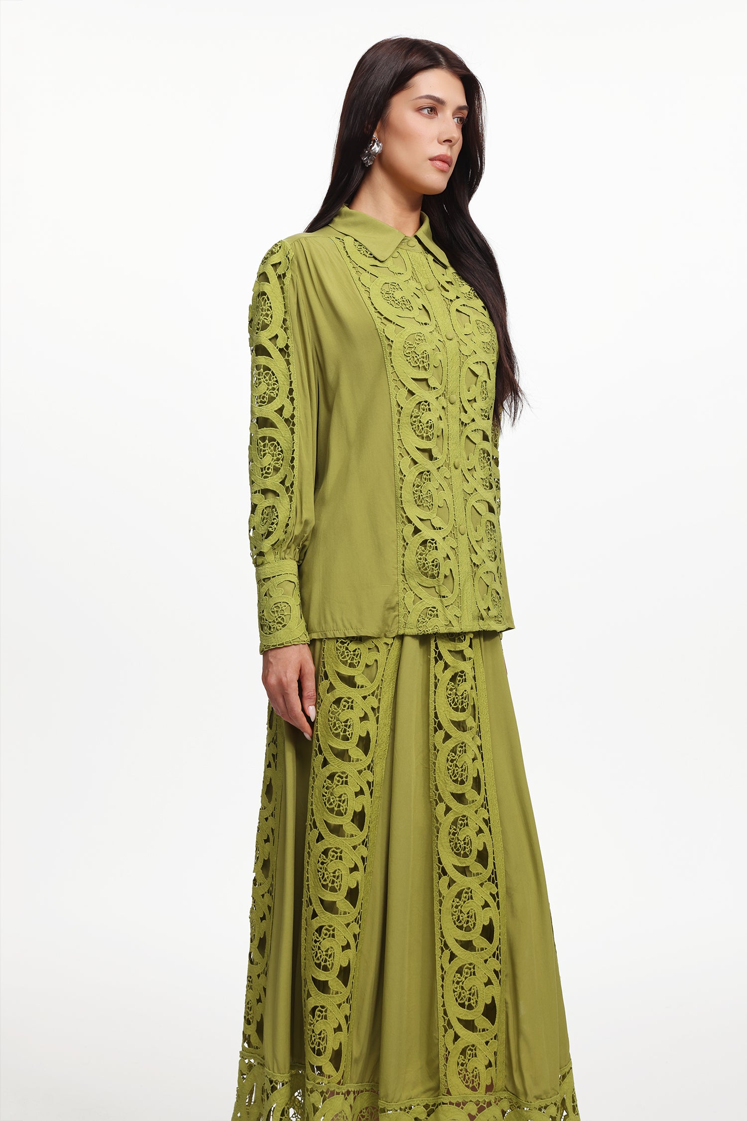 Sharla Resort Flowy Long Sleeve Cut Out Woven Top And Skirt Two-Piece Set